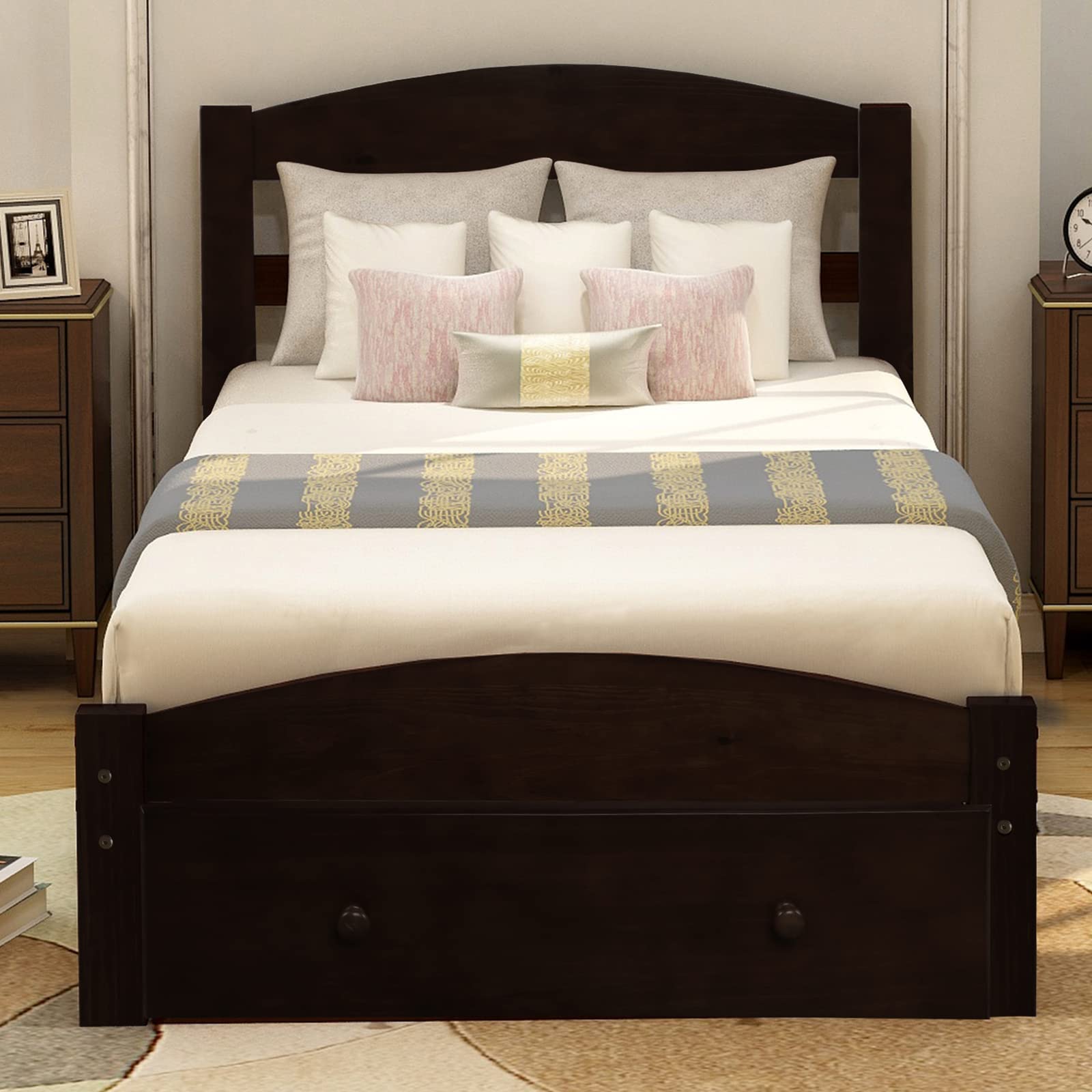 Twin Size Wooden Bed Frame with Storage Drawer & Headboard - Solid Wood Platform Bed with Slat Support, No Box Spring Needed - Perfect for Bedroom, Hotel, Apartment & Kids Room (Espresso Finish)