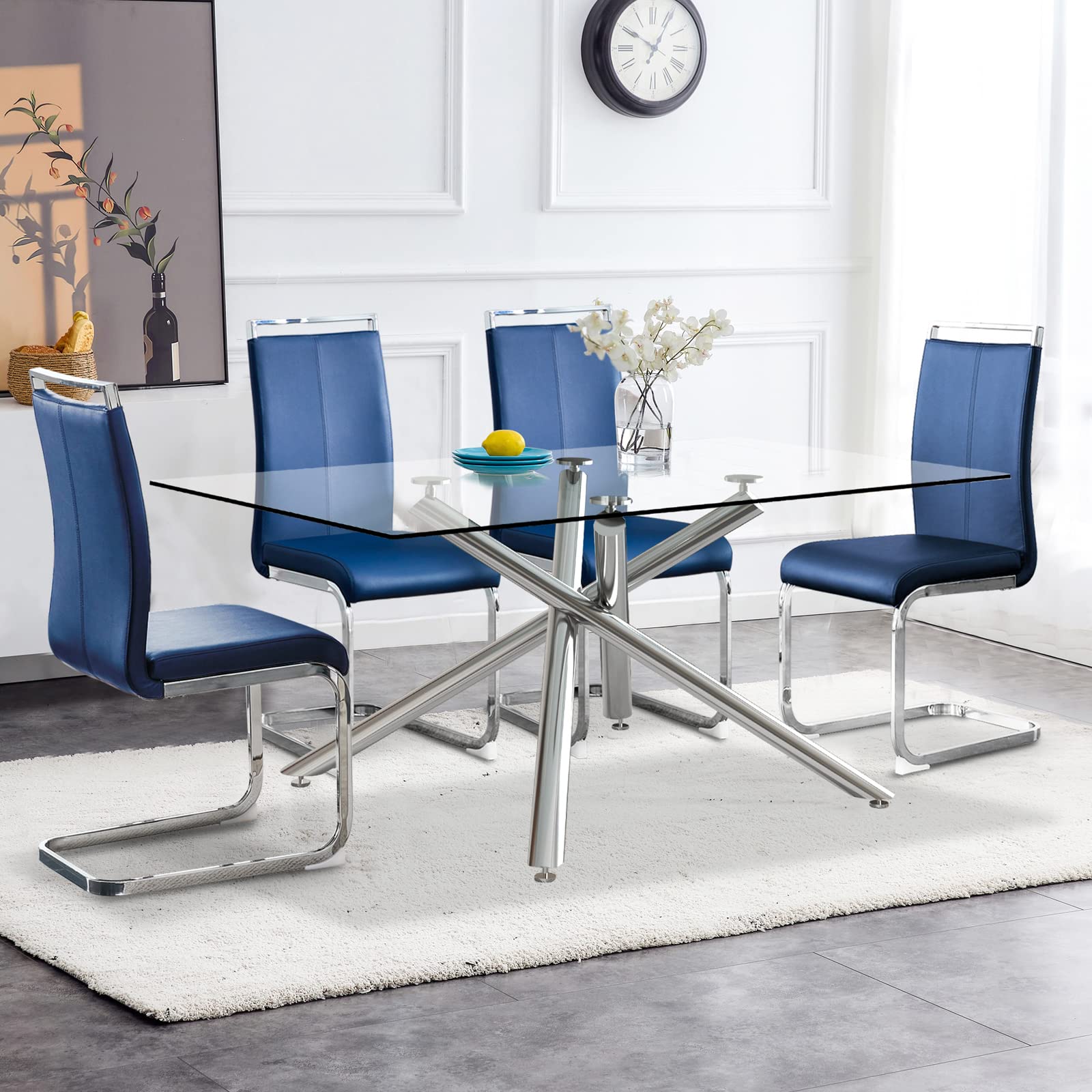 63 Inch Modern Rectangular Glass Dining Table for 4-6 People - Tempered Glass Top with Silver Metal Legs - Perfect for Kitchen, Dining Room & Small Space Entertaining
