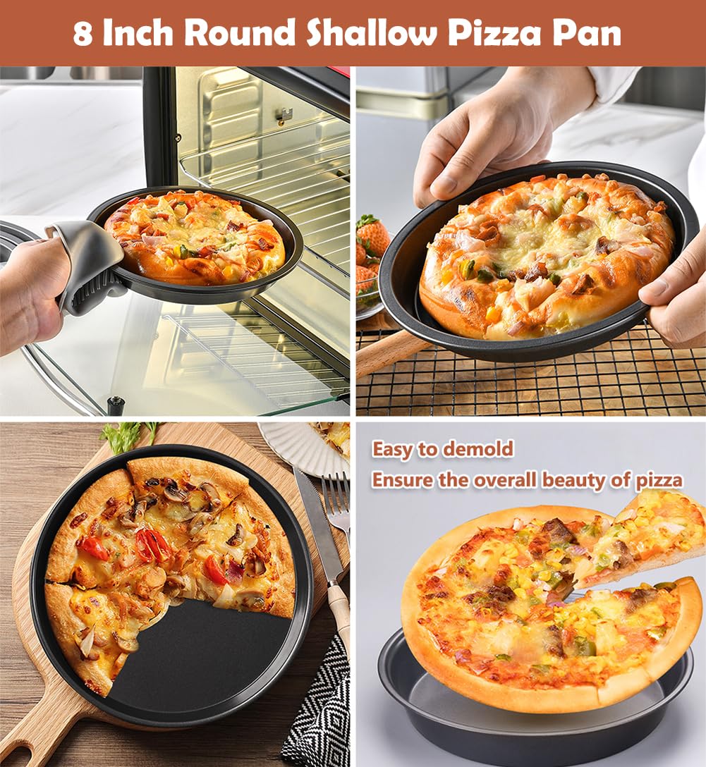 AKOAK 8-Inch Non-Stick Pizza Pan - Heavy Duty Carbon Steel Round Baking Pan for Oven, Stovetop & Grill - Perfect for Homemade Pizza, Bread, Cookies & More (Black)