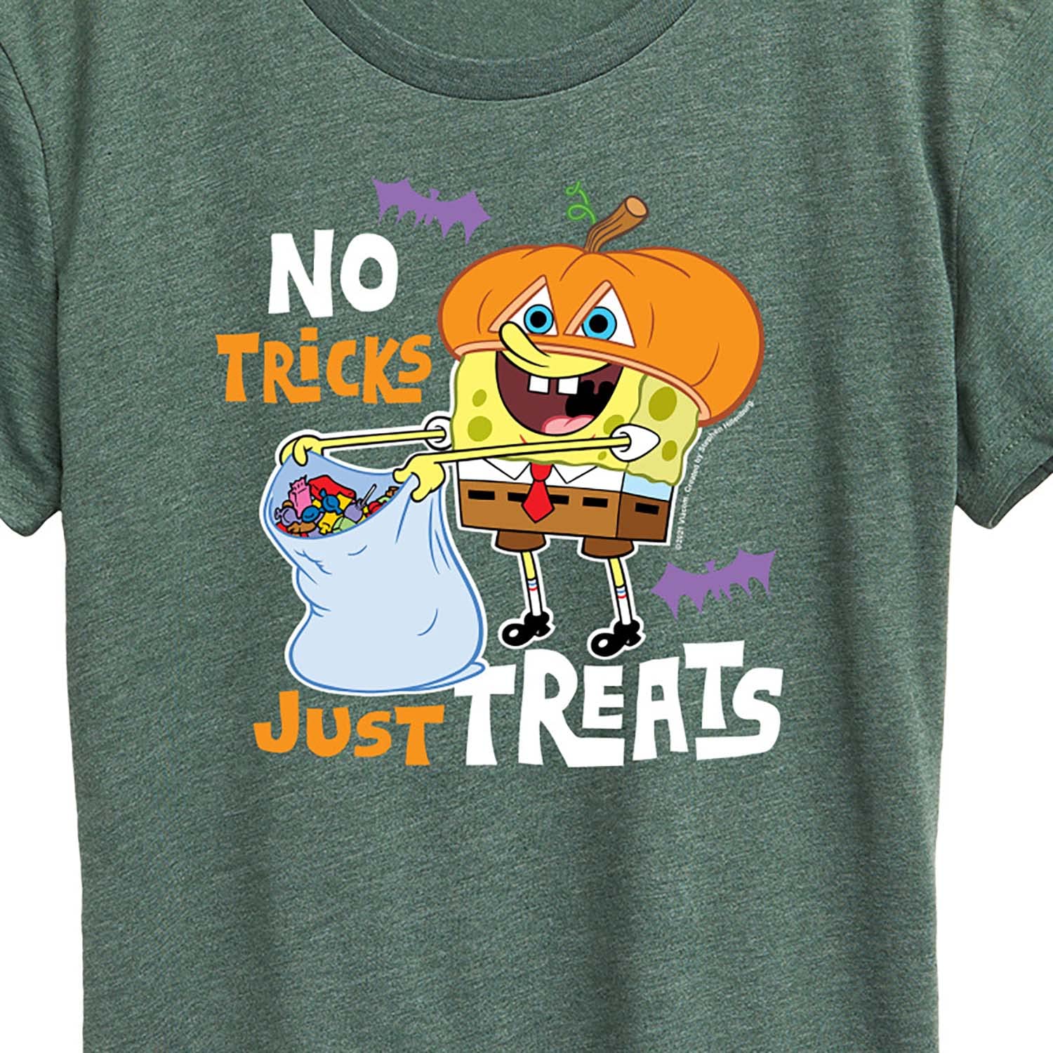 HYBRID APPAREL Women's Spongebob Squarepants No Tricks Just Treats Graphic T-Shirt - Short Sleeve Cartoon Tee for Casual Wear, Halloween Costume & Funny Gift