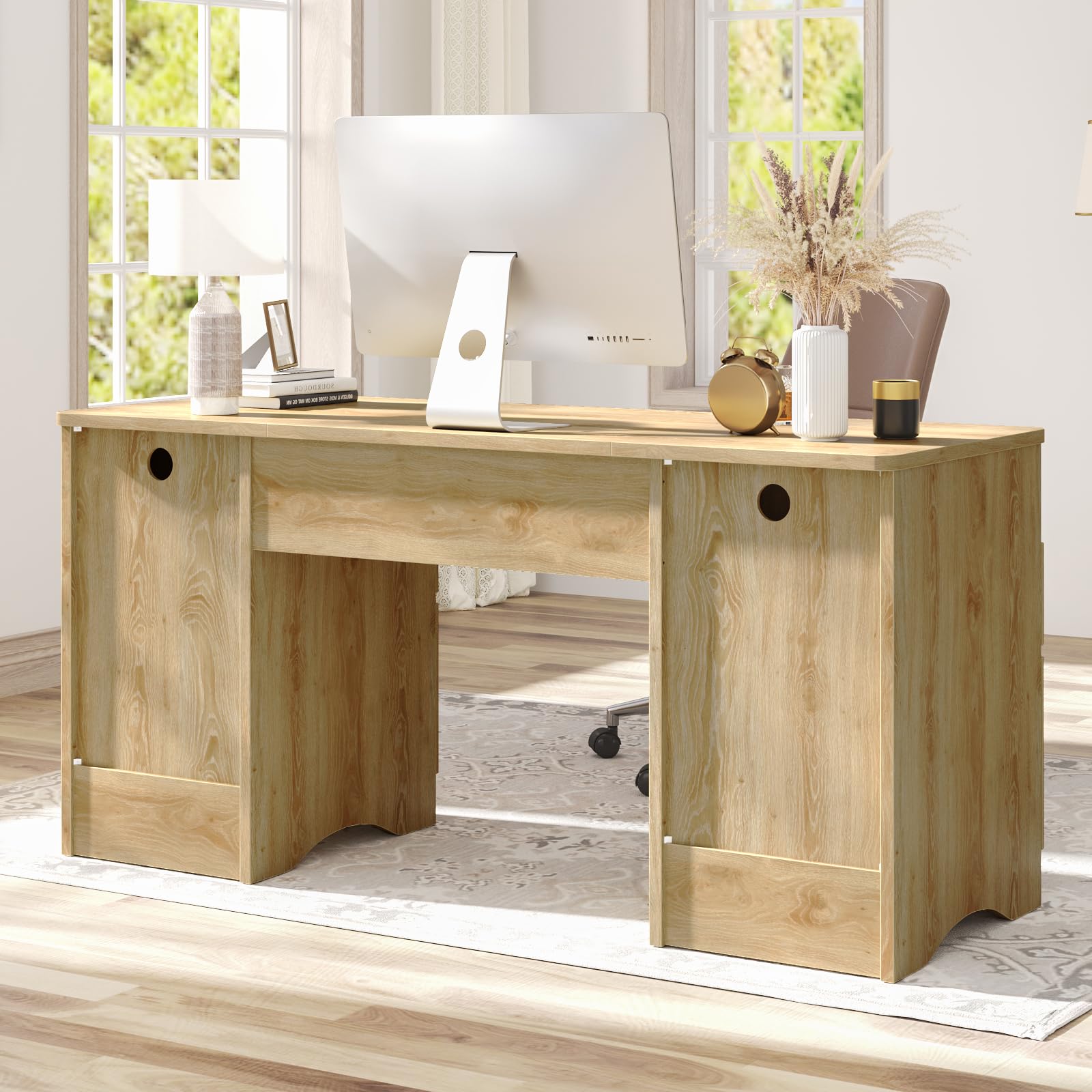 Bestier 59 Inch Computer Desk with Keyboard Tray & 4 Drawers - Modern Home Office Desk with File Storage (Natural Oak) - Perfect for Small Spaces, Gaming & Remote Work Setup