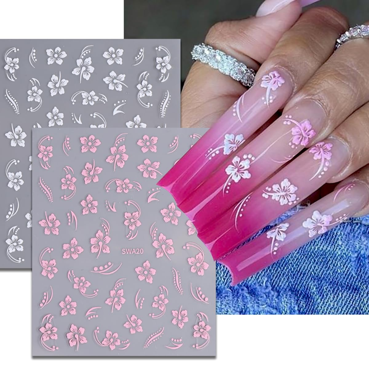 8 Sheets 3D Flower Nail Art Stickers - Self-Adhesive Pink White Gold Floral Nail Decals for DIY Manicure | Cute Nail Supplies for Women & Girls | Perfect for Parties, Weddings, and Everyday Nail Decorations