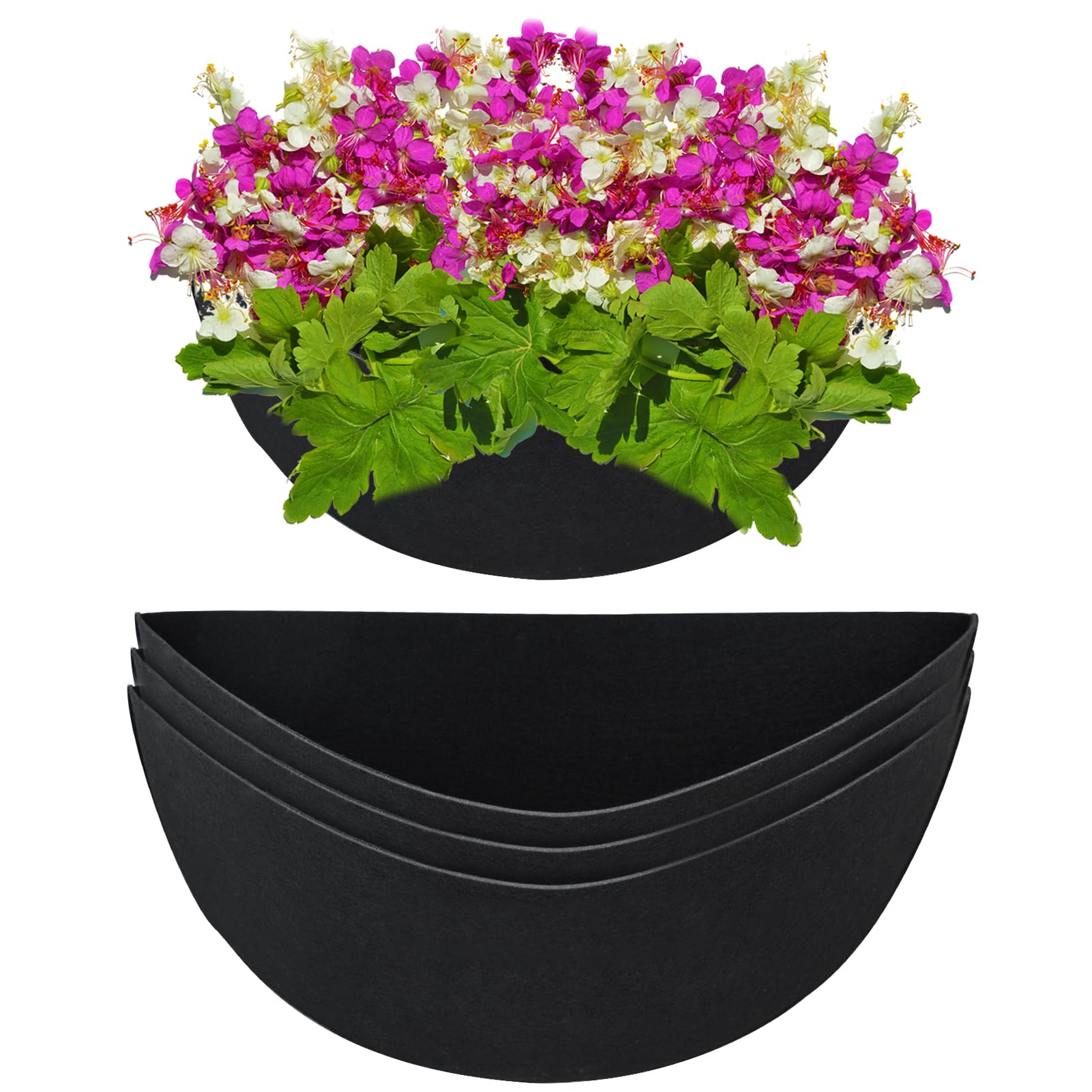 3PCS 14 Inch Half Round Planter Liners - Breathable Fabric Flower Basket Liners, Black Felt Liner for Wall Hanging Baskets - Coconut Liner Alternative for Indoor/Outdoor Plants, Garden Decor