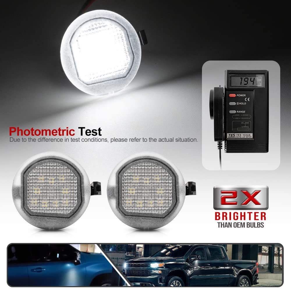2Pcs White LED Under Side Mirror Puddle Light Lamps for Chevy Silverado GMC Sierra Yukon Escalade - Waterproof Durable Xenon White Lights - Perfect for Night Driving & Enhanced Vehicle Safety