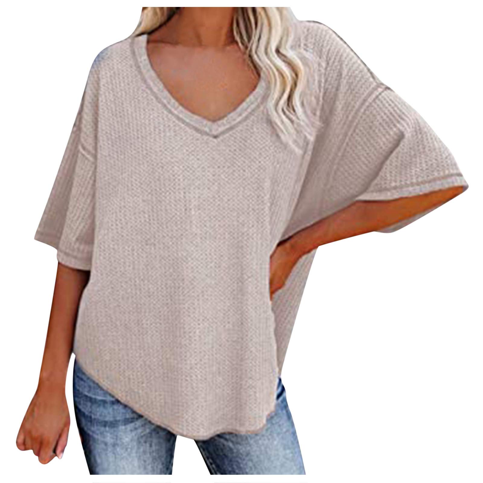 Kaniem Women's Summer Tops - Solid Waffle Knit V-Neck Batwing Half Sleeve Loose Casual Pullover Blouse | Perfect for Beach Outings, Weekend Brunch & Casual Office Wear