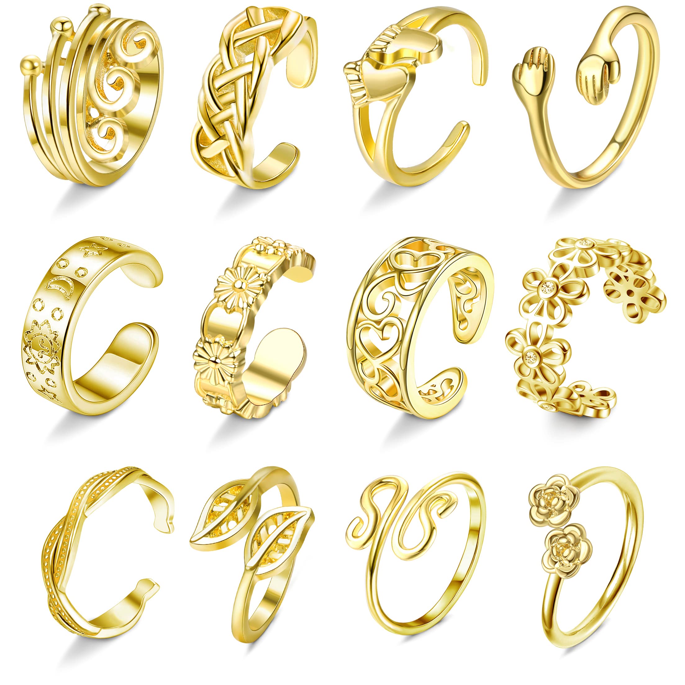 DOLOTTA 12PCS Adjustable Toe Rings for Women - 14K Gold Plated Floral Open Toe Rings with Leaf & Rose Design - Summer Beach Foot Jewelry for Toes & Knuckles - Perfect for Pedicures, Vacations & Boho Fashion