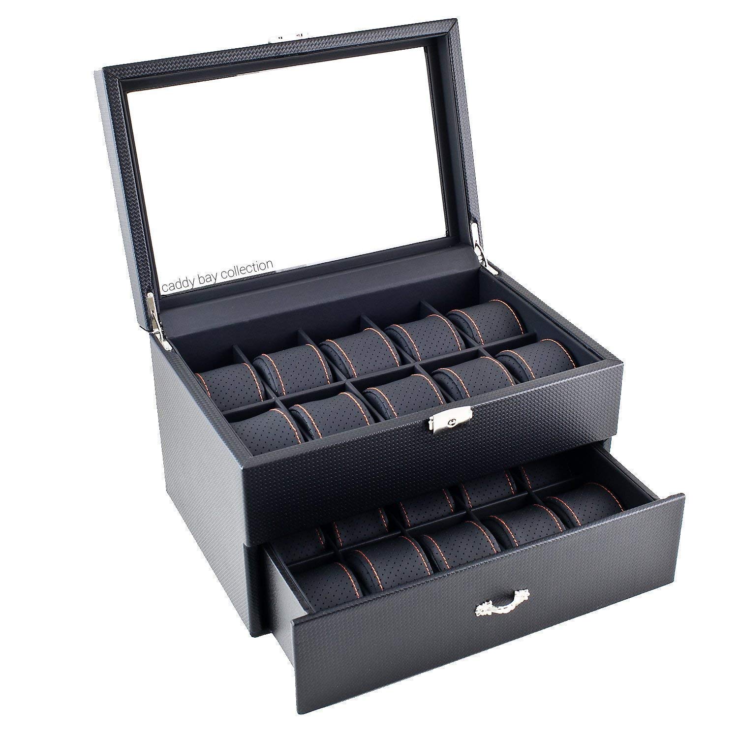 Premium Personalized Black Watch Box with Carbon Fiber Design & Orange Stitch Pillows - Holds 20 Watches (Up to 52mm) - Perfect for Watch Collectors, Gift Giving & Luxury Storage