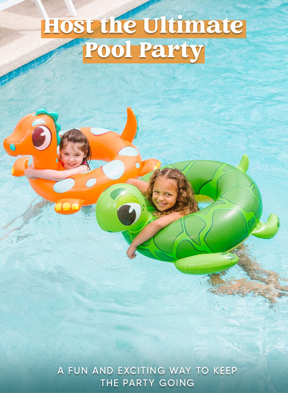 Kids Inflatable Pool Floats - 3-Pack Dinosaur, Sea Turtle & Dolphin Swimming Rings for Toddlers, 29