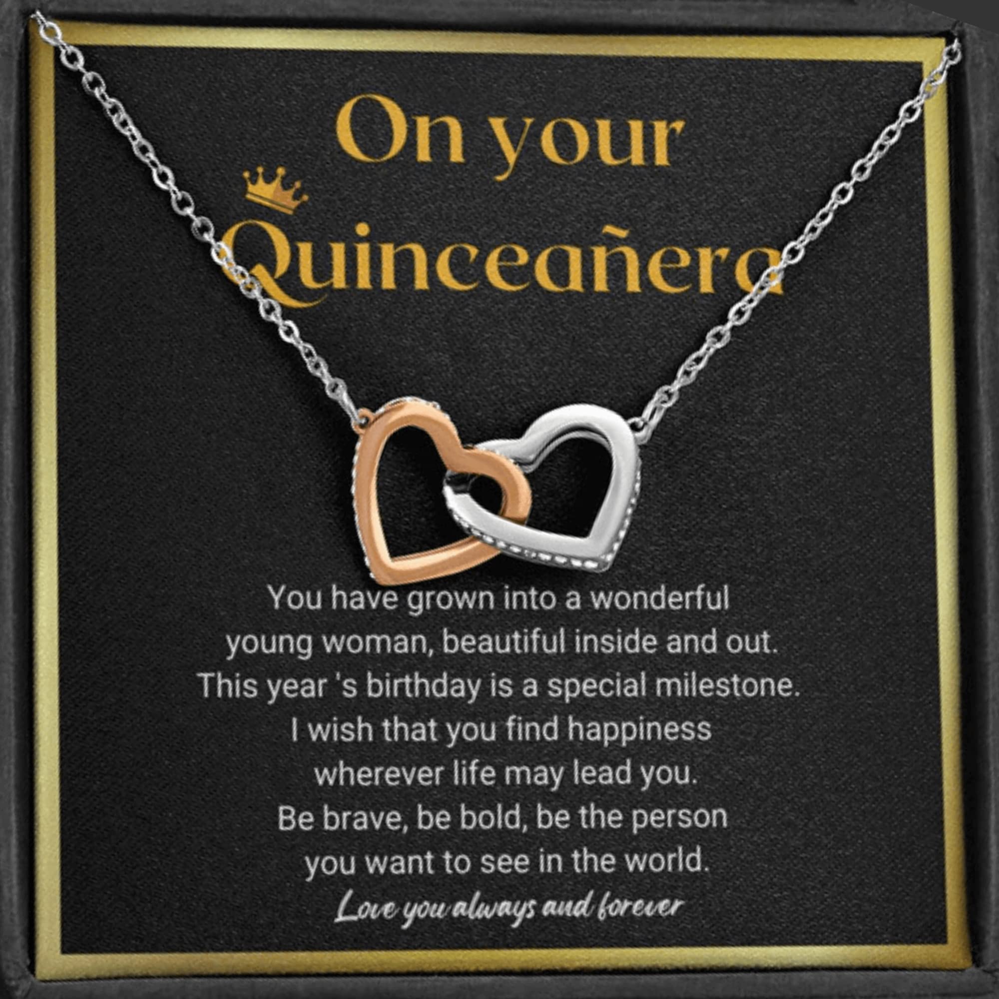 Quinceanera Gifts for 15 Year Old Girls - Sterling Silver Interlocking Heart Necklace with Engraved Message Card | Sweet 15 Birthday Present, Quinceañera Jewelry Gift Idea | Perfect for Quince Años Celebrations, Graduation & Special Occasions