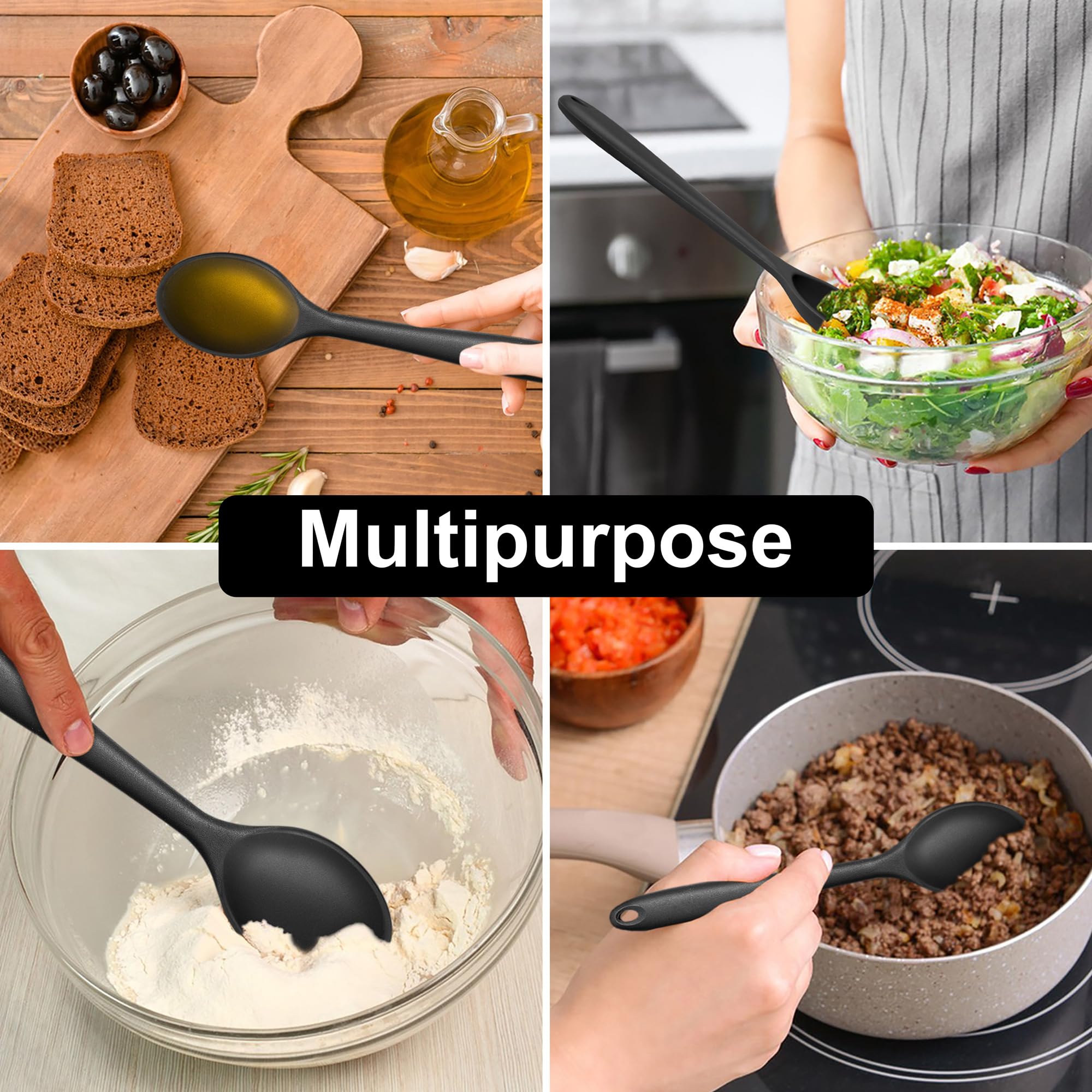 E-far 2-Pack Silicone Cooking Spoons - Heat Resistant Kitchen Utensils for Baking, Stirring & Serving - Nonstick, Non-Toxic & Dishwasher Safe (Black) - Perfect for Cooking, Baking & Meal Prep