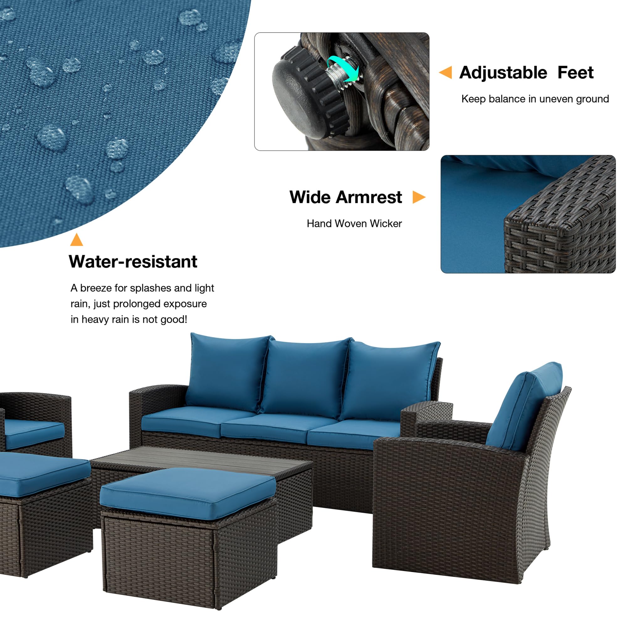 GYUTEI 6-Piece Outdoor Patio Furniture Set - Navy Blue Rattan Sectional Sofa with Ottoman & Storage Table - Weather-Resistant Garden, Porch, Backyard Conversation Set for Relaxing & Entertaining