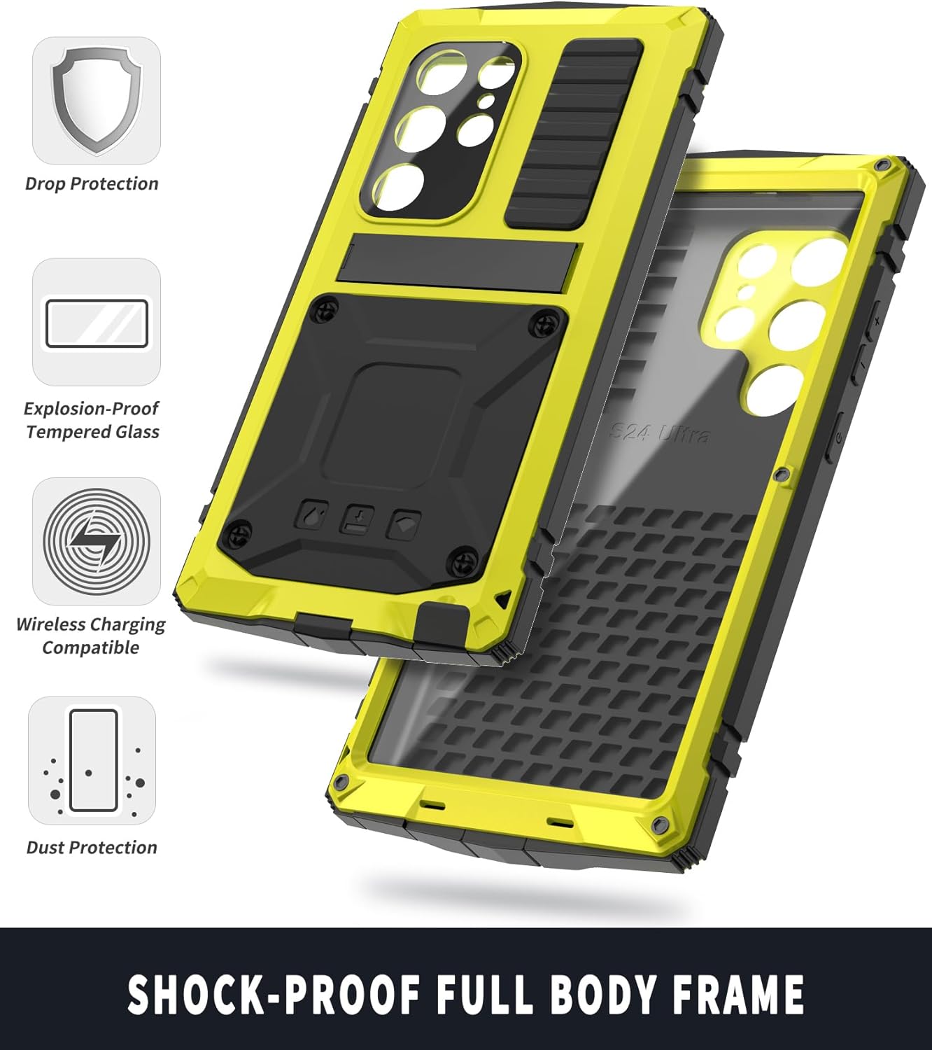 Samsung Galaxy S24 Ultra Rugged Metal Case with Kickstand - Heavy Duty Protection for Work, Travel & Outdoor Activities
