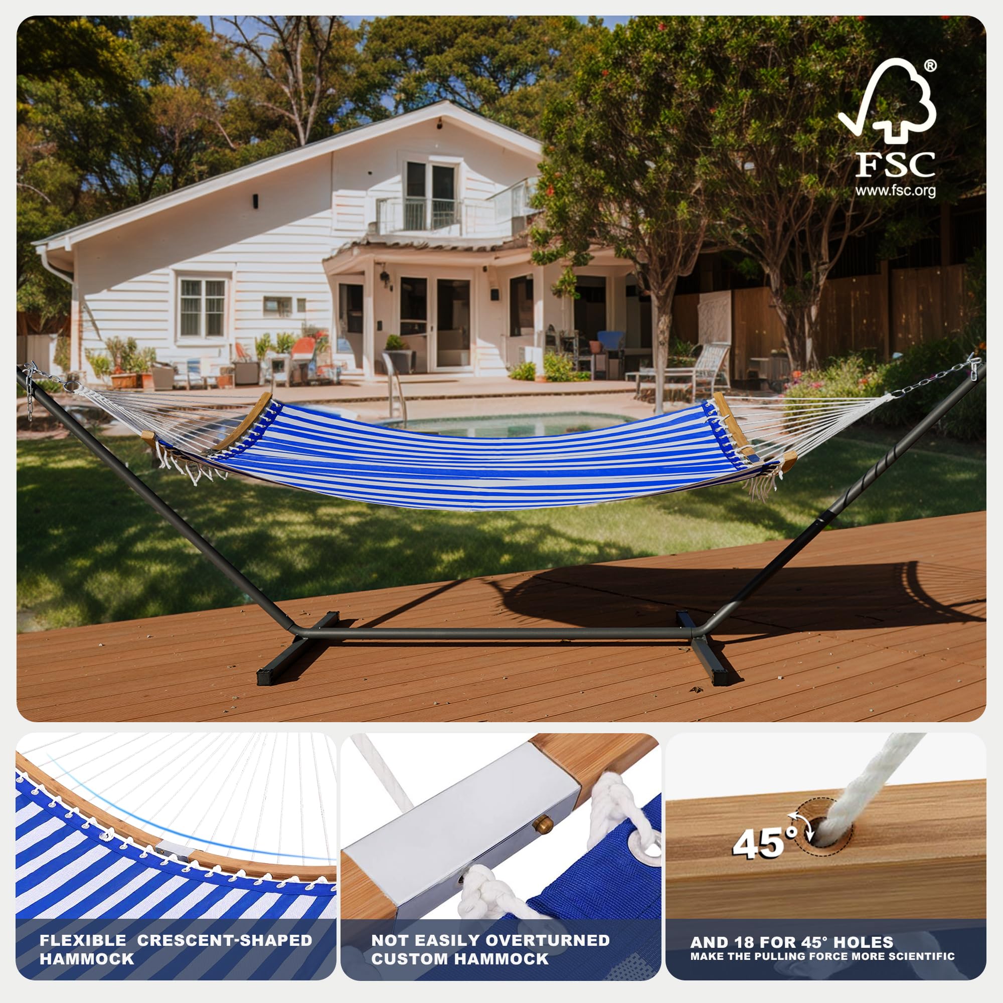 12 FT Quick-Dry Double Hammock with Curved Bamboo Spreader Bar & Steel Stand - 450 lbs Capacity Blue/White for Backyard, Patio & Camping - Perfect for Relaxation, Lounging & Outdoor Adventures