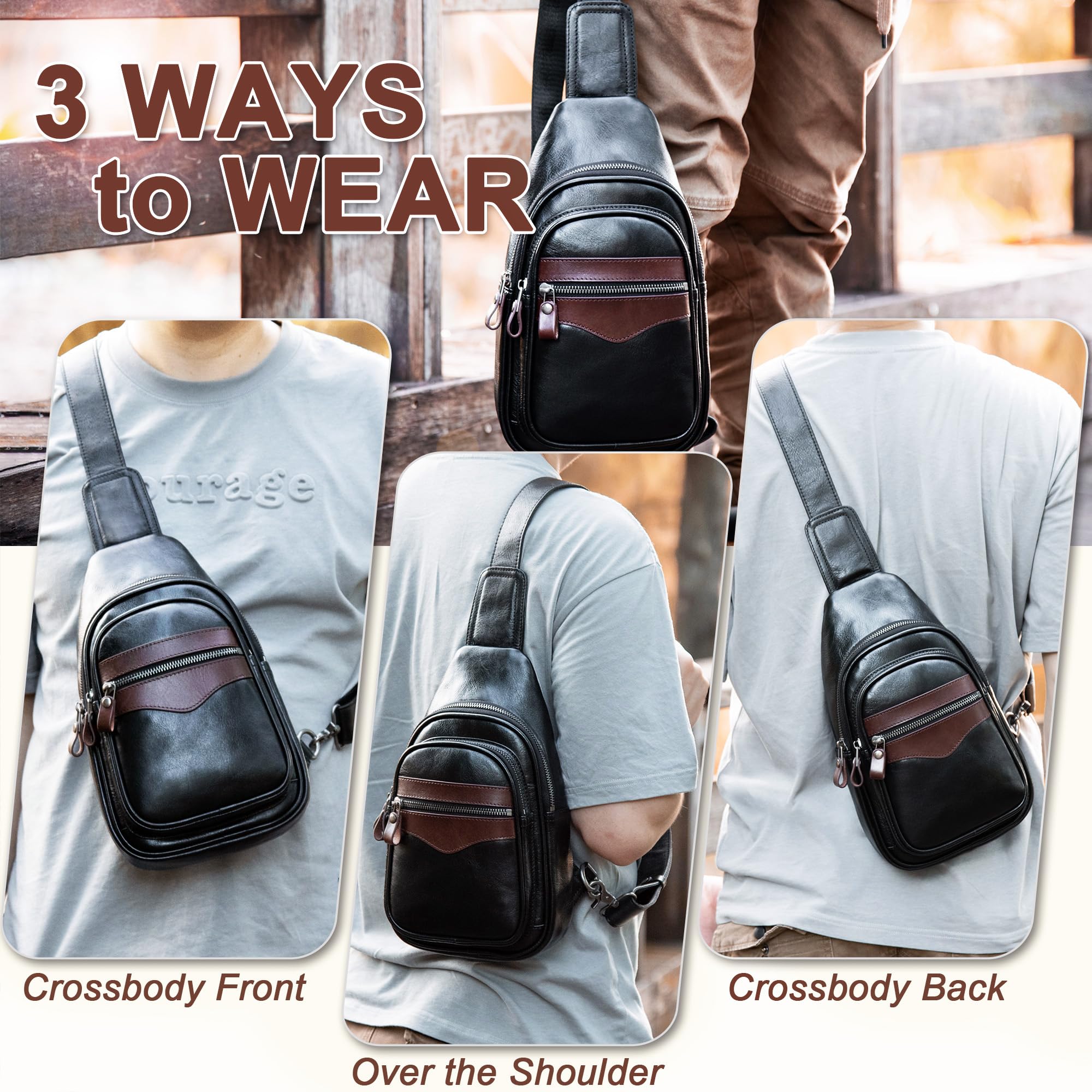 Genuine Leather Crossbody Sling Bag for Men & Women - Adjustable Shoulder Strap Chest Purse Backpack - Perfect for Travel, Work & Everyday Use