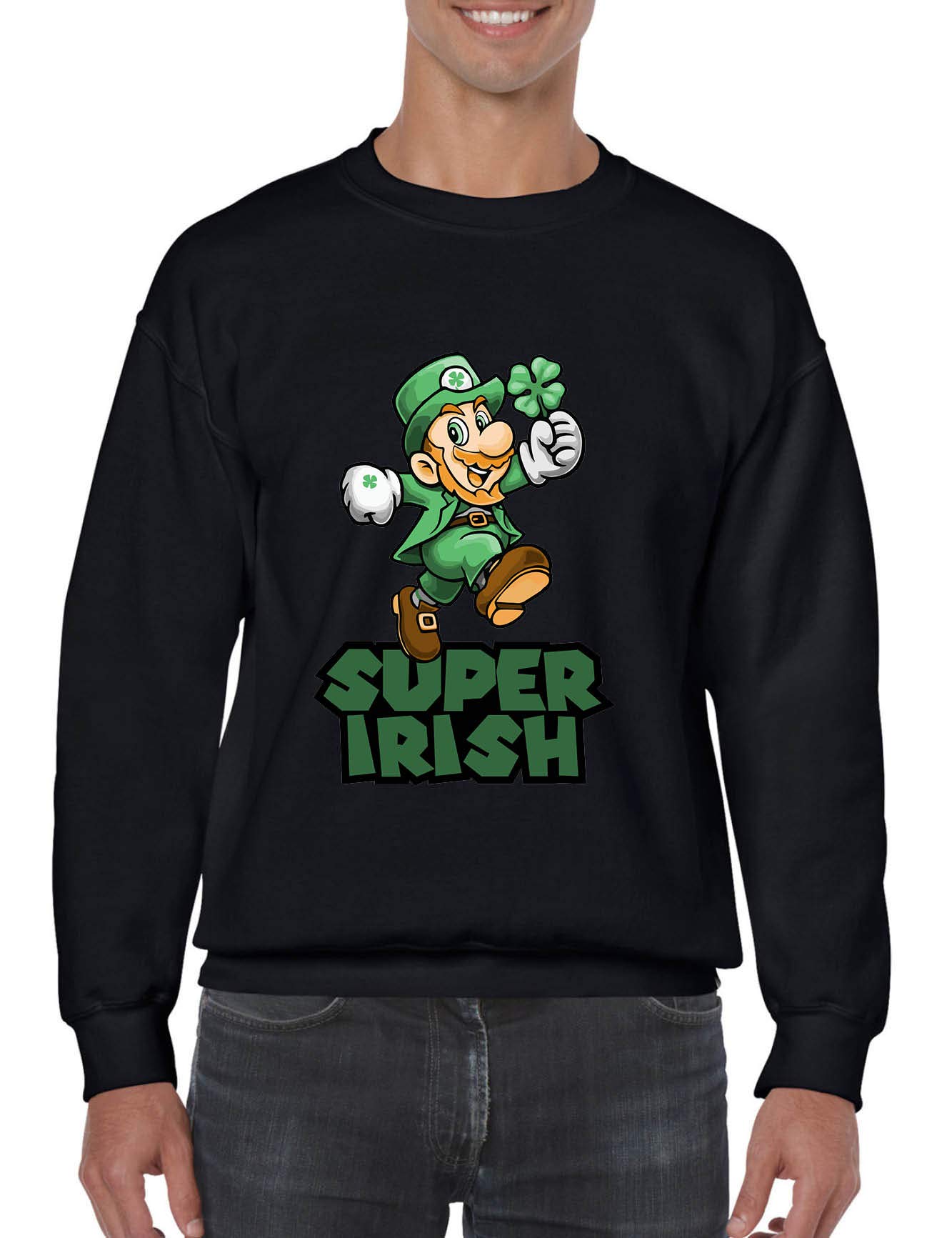 ALLNTRENDS Super Irish St. Patrick's Day Sweatshirt for Adults - Retro Game Leprechaun Design - Perfect for St. Paddy's Parties & Casual Wear