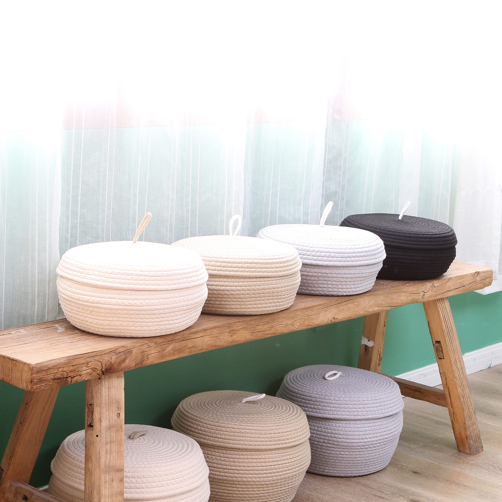 Sea Team Round Cotton Rope Storage Basket with Lid - Decorative Woven Organizer Bin for Home, Nursery & Office - Perfect for Snacks, Towels, Plants & Toys - 13 x 5.5 Inches (Large, Shallow, White) - Ideal for Living Room, Bedroom & Bathroom Storage