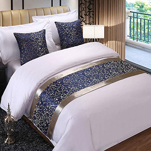 Luxury Modern Gold & White Bed Runner with Silver Side Blue Flower Design - Premium Hotel Style Bedding for Queen/King Size Beds (1.8m) - Perfect for Home Decor, Wedding Bedding & Upscale Hotel Room Styling
