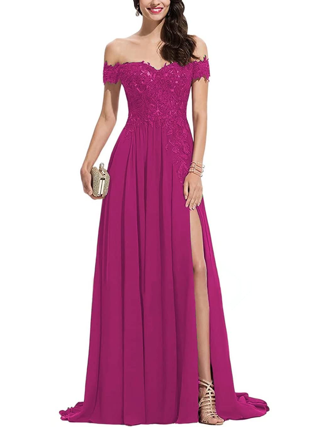BTgirl Women's Off Shoulder Long Prom Dresses with Split Lace Appliques - Chiffon V Neck Formal Evening Gowns for Homecoming, Wedding Guest & Special Occasions