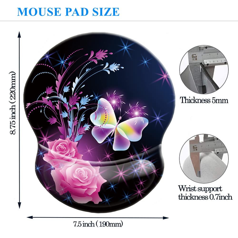Ergonomic Wrist Mouse Pad with Comfortable Wrist Rest Support - Smooth Cloth Gaming Mouse Pad for Computer, Laptop, Home & Office Use - Perfect for Long Work Hours, Gaming Sessions & Typing (Flower Butterfly Design)