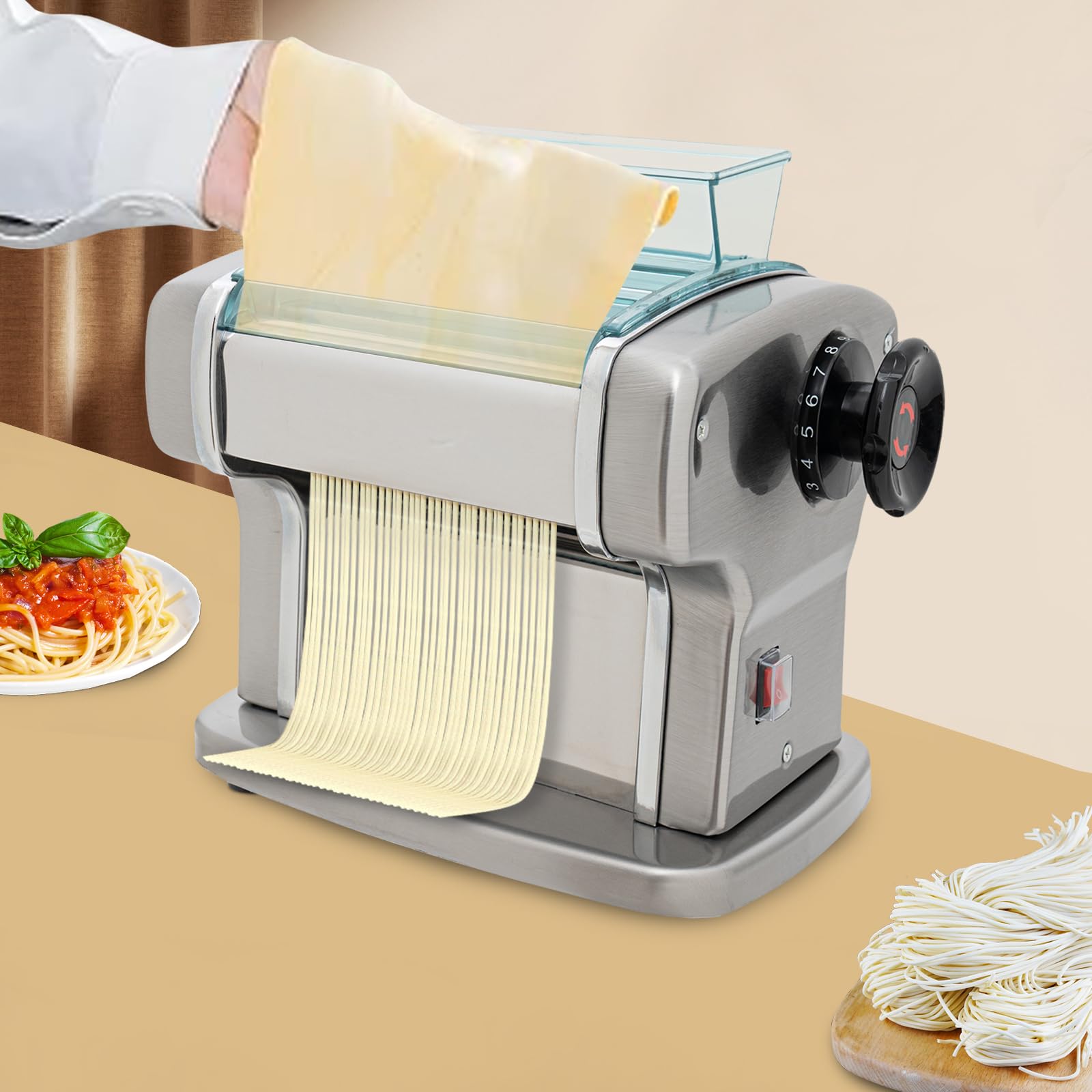 110V Electric Pasta Maker Machine - Automatic Noodle & Dumpling Dough Press with 2.5mm & 4mm Blades, 9 Thickness Settings for Homemade Pasta, Spaghetti, Ravioli - Perfect for Italian Cuisine & Family Cooking (135W, 2-Blade)