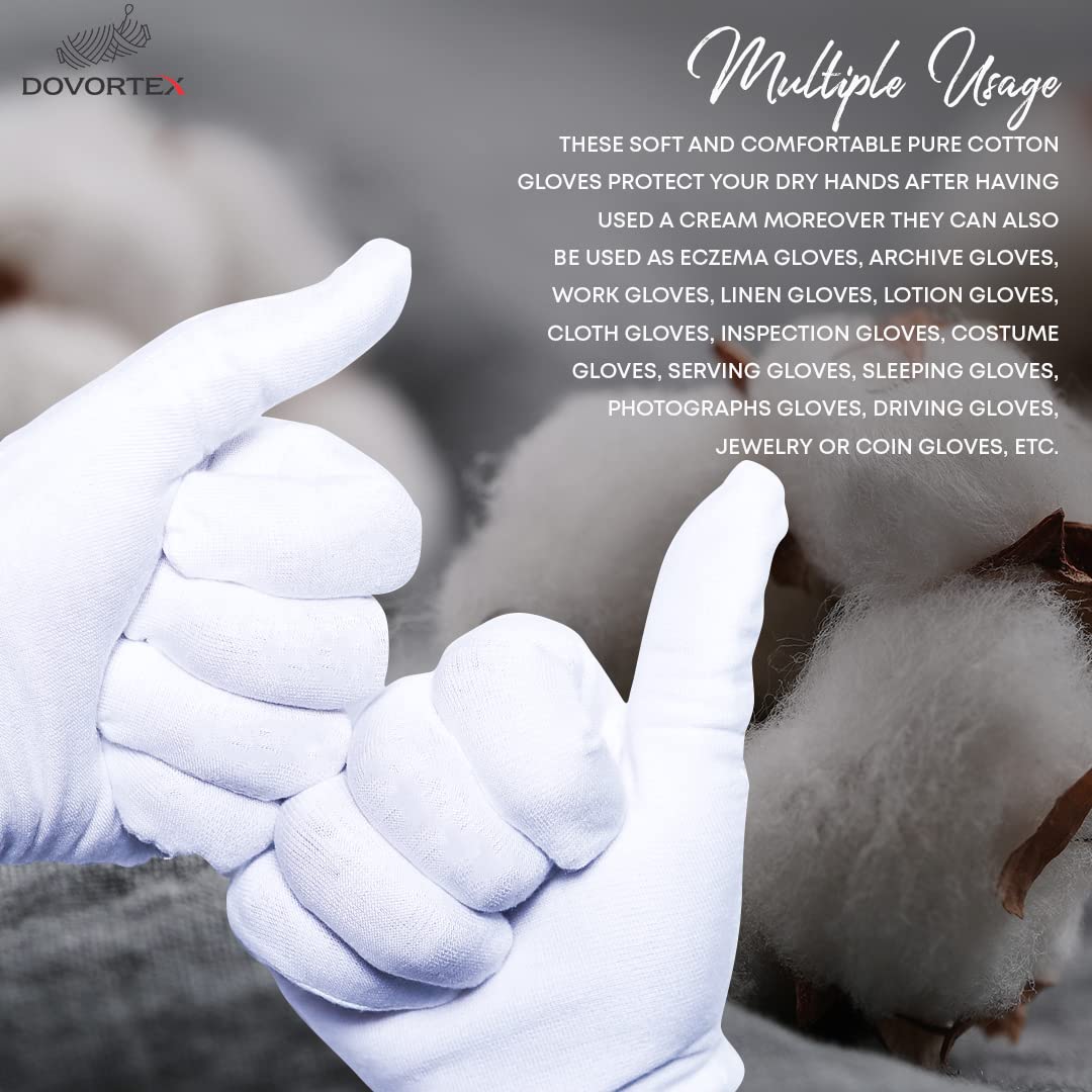 24 Pcs White Cotton Gloves for Dry Hands - Moisturizing Protective Gloves, Reusable & Machine Washable - Perfect for Skincare, Inspection Work & Household Cleaning