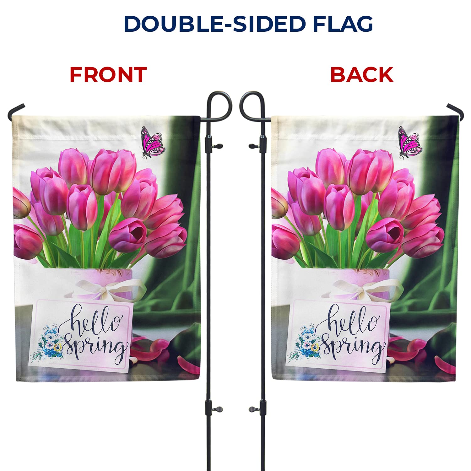 America Forever Hello Spring Garden Flag - 12.5 x 18 Inches Double Sided Outdoor Decoration with Tulips & Butterflies Design - Perfect for Spring Yard Decor, Front Porch Display & Seasonal Holiday Celebrations