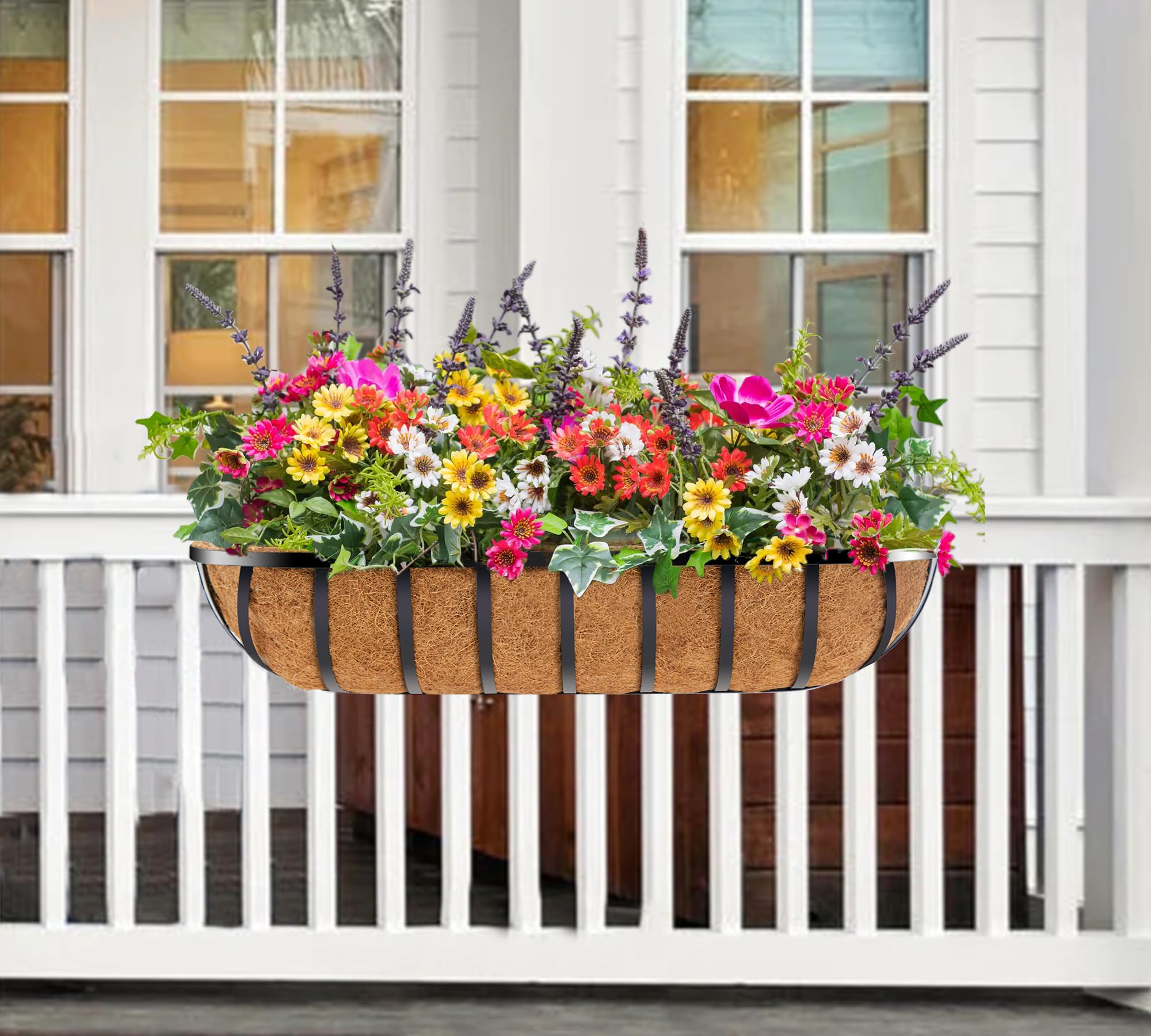 30 Inch Window Box Planter with Coconut Coir Liner - 4 Pack Metal Hanging Flower Basket for Deck, Fence & Railing - Outdoor Garden & Lawn Decor (Perfect for Flowers, Herbs & Small Plants)