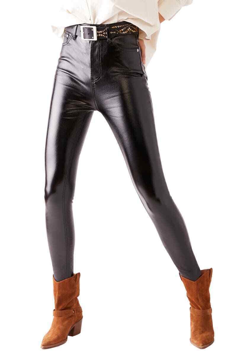 Free People Phoenix Coated Skinny Jeans for Women - High Waist Stretch Denim Pants in Liquid Black | Perfect for Casual Outfits, Date Nights & Everyday Wear