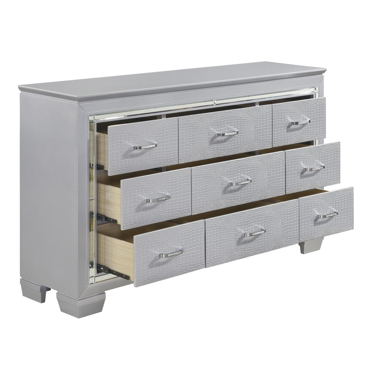 Allura Silver Dresser - Elegant Modern 6-Drawer Chest for Bedroom & Living Room Storage | Solid Wood Construction | Stylish Home Decor for Clothes & Accessories Organization