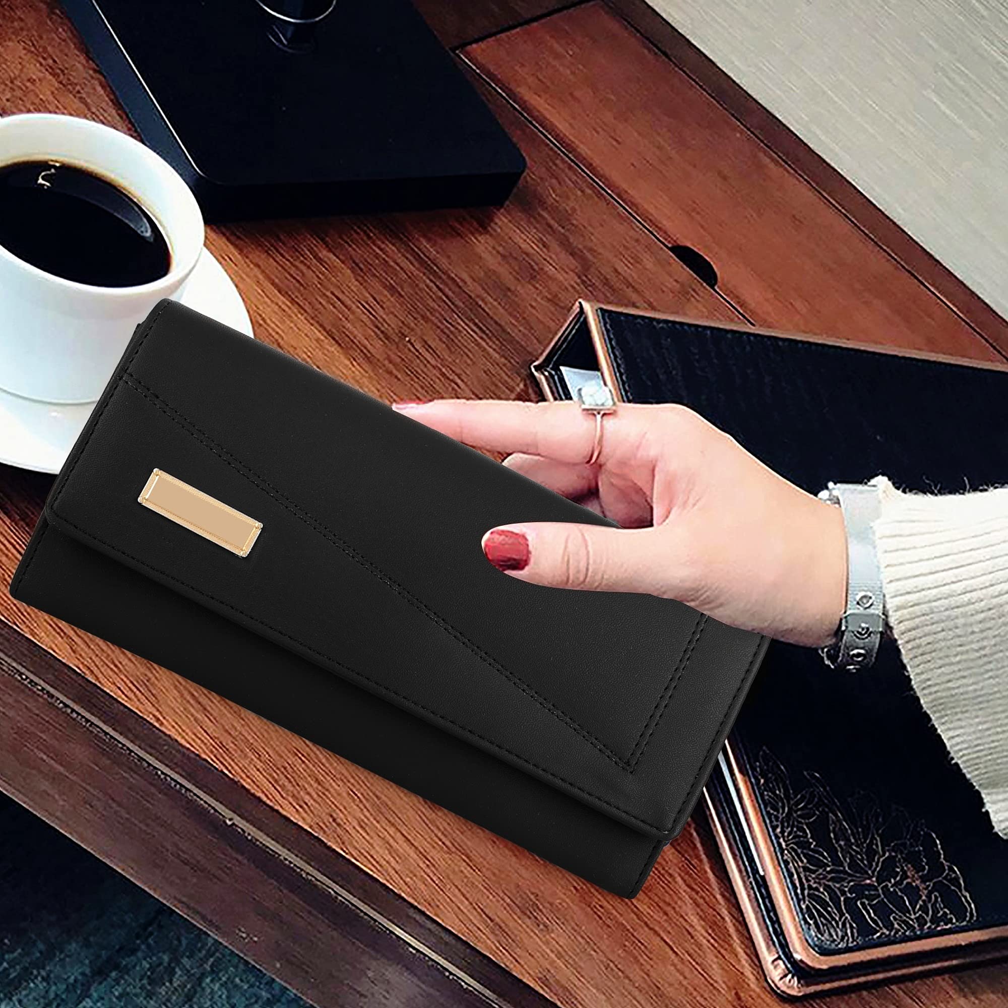 ALSU Women's Black Leather Wallet & Hand Clutch Purse with 4 Card Slots - RFID Blocking, Slim Design for Everyday Use, Parties & Travel | Model ARF-003BK