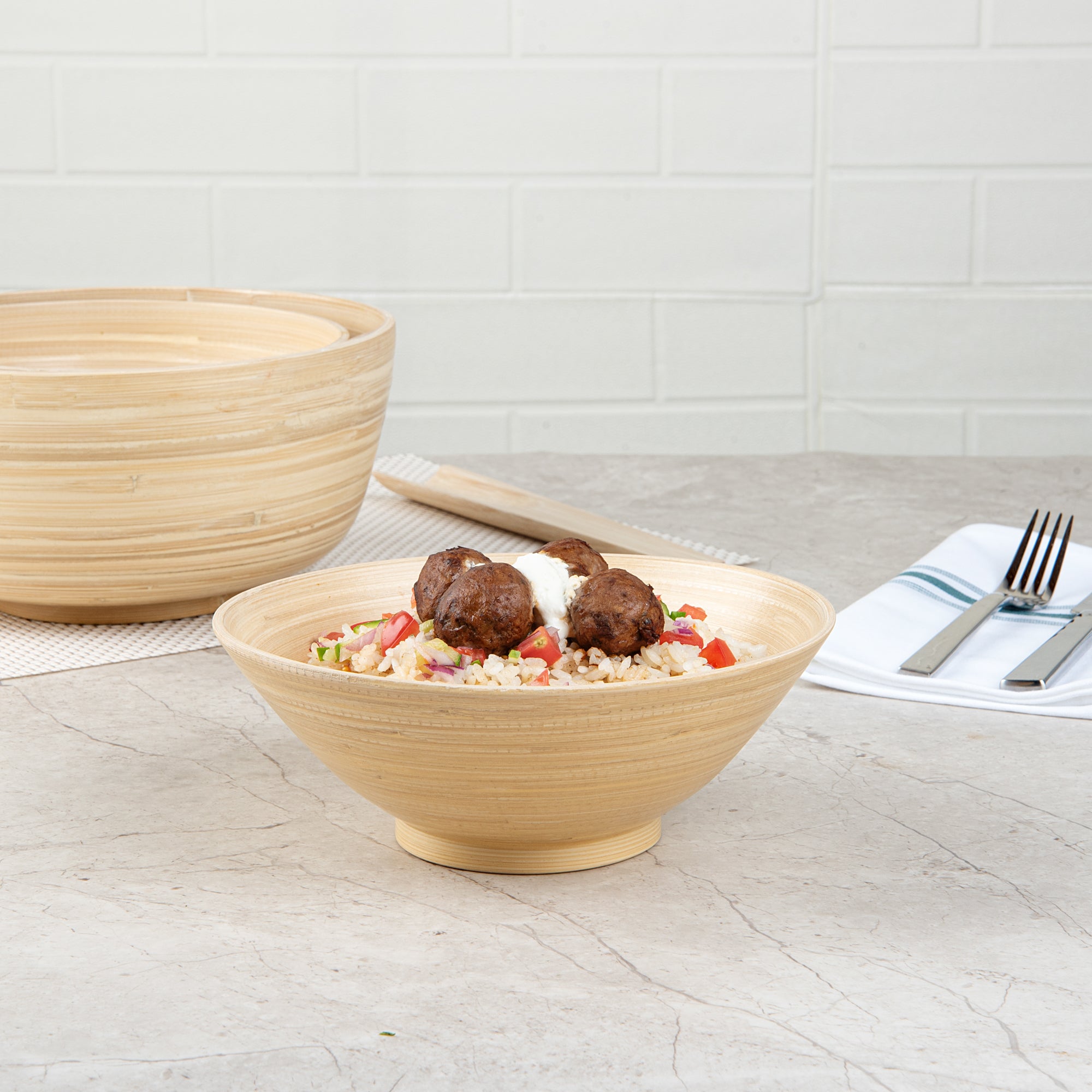 Natural Bamboo Serving Bowl 29 oz - Round Eco-Friendly Dishware Set for Salads, Snacks & Entertaining - 8.25