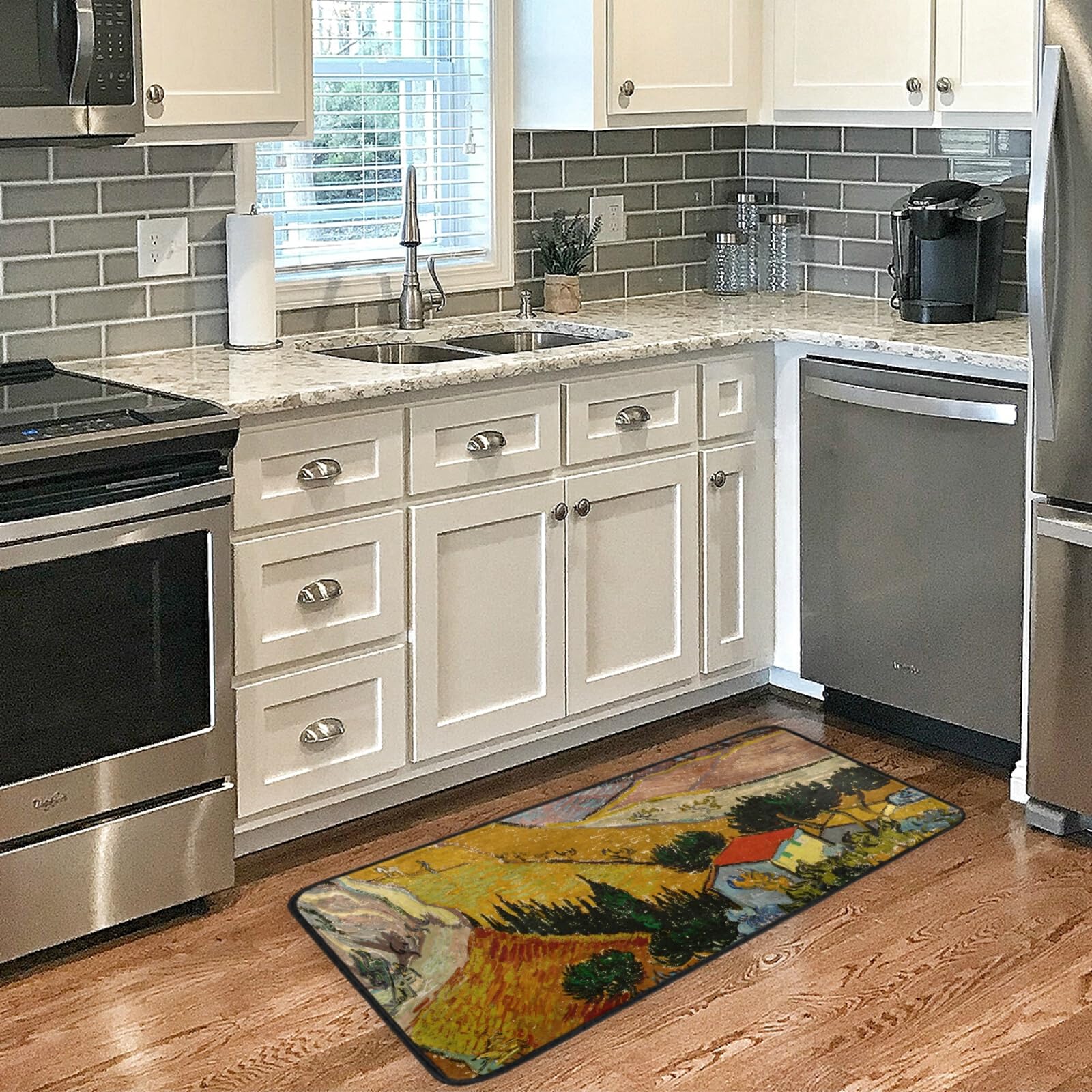 Non-Slip Washable Kitchen Rugs and Mats - Van Gogh Painting Inspired Gold Absorbent Floor Mat with Cushioning, Perfect for Sink Areas in Farmhouse Kitchens, Bathrooms & Home Use (39x20 Inch) - Ideal for High-Traffic Areas, Spill Protection & Comfort While Cooking
