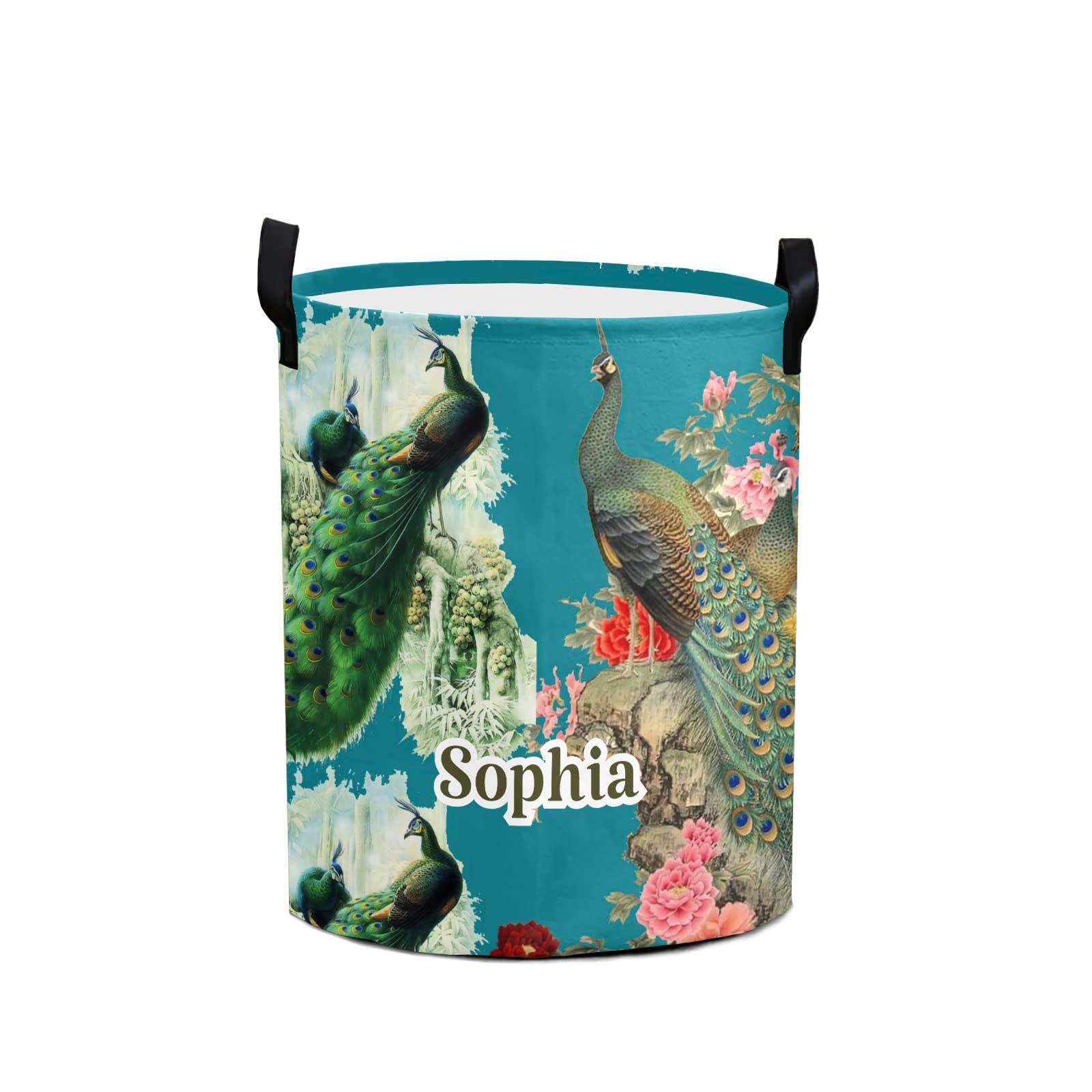 Personalized Large Storage Basket with Name - Peacock Flower Design Collapsible Laundry Hamper for Bathroom, Bedroom & Home Organization | Perfect Gift for Housewarming, Wedding & Holidays (Round Clothing Storage Bin)