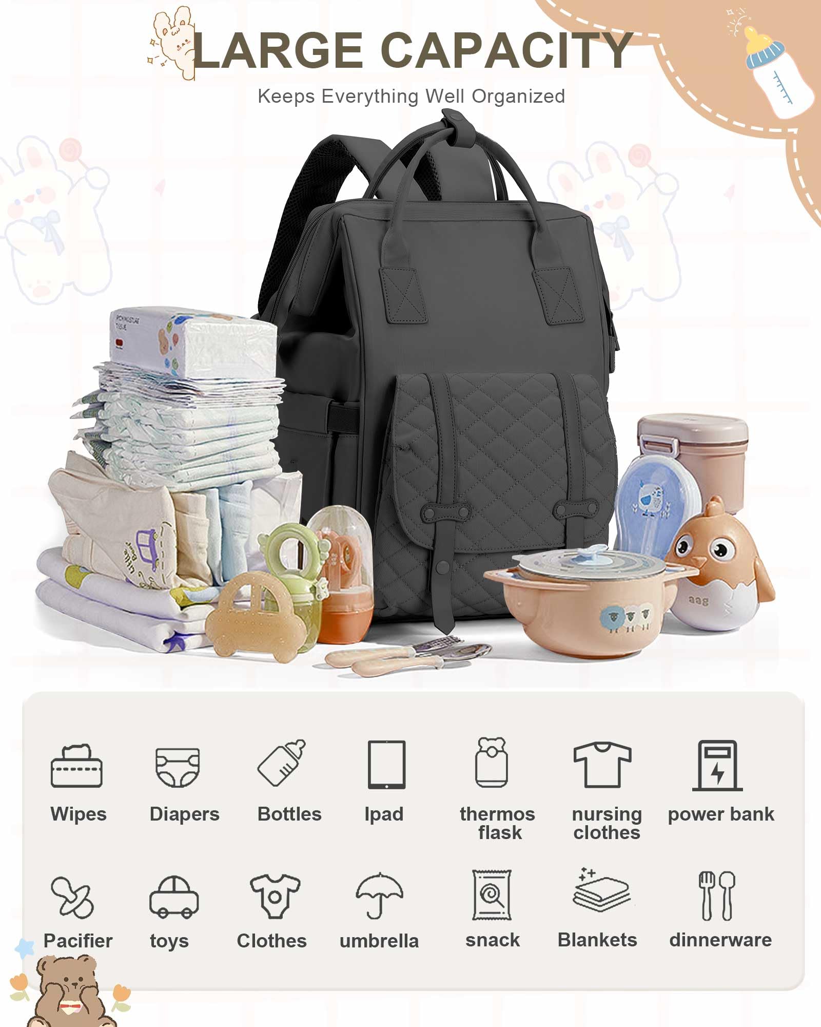 Waterproof Diaper Backpack for Moms & Dads - USB Charging Port, Large Travel Baby Bag for Girls & Boys | Perfect for Daycare, Travel & Outdoor Activities (Grey)
