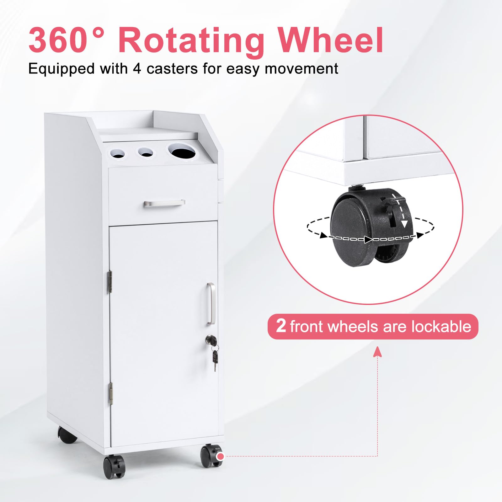 Winado Mobile Hair Salon Storage Cart with Wheels - 3 Hair Dryer Holders, 4 Lockable Drawers with 2 Keys - Professional Hairdressing & Makeup Station - Ideal for Salon, Spa, Home Beauty Setup (White)