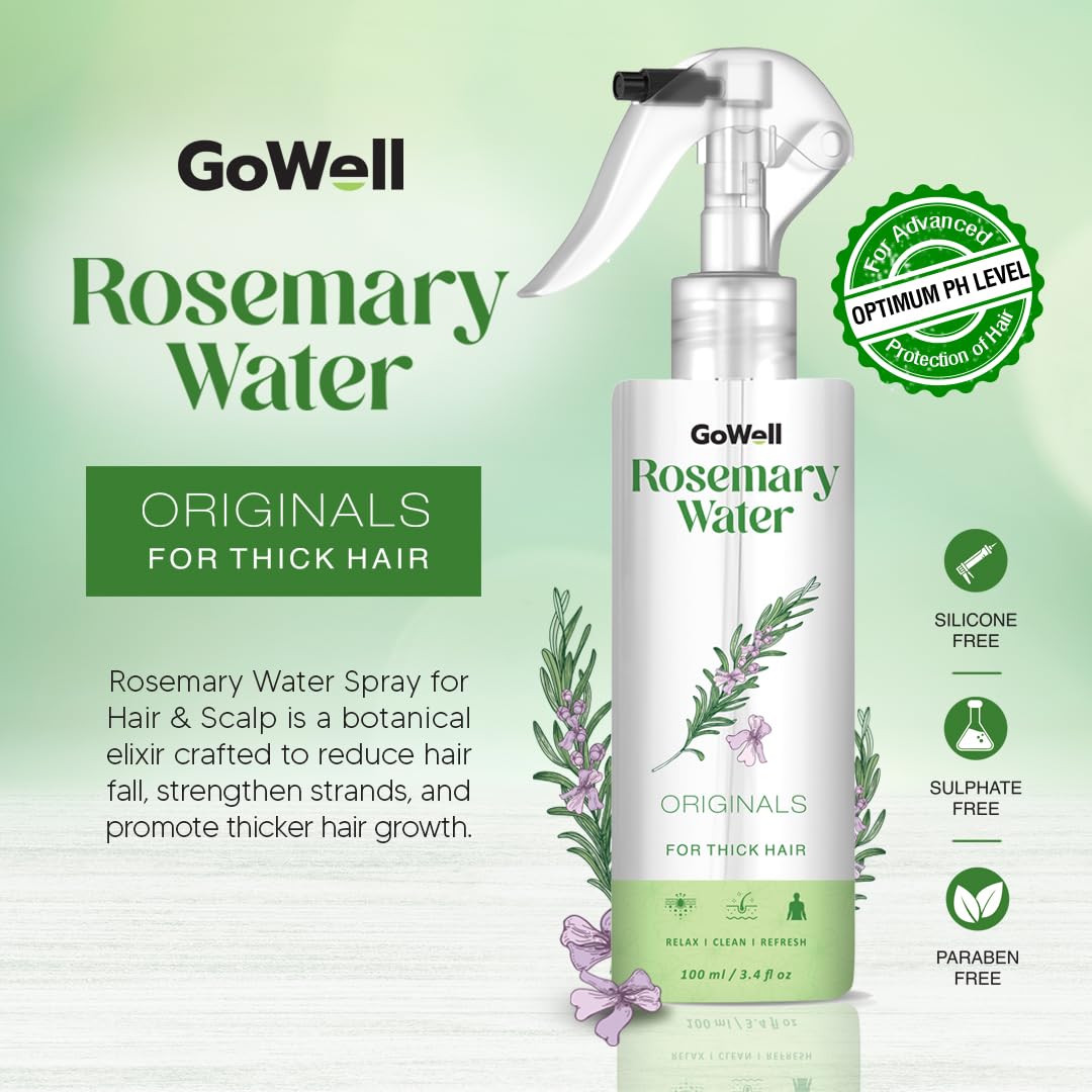 Gowell Rosemary Water Spray for Hair Growth - Natural Hair & Scalp Treatment to Reduce Hair Fall, Strengthen Strands & Promote Thicker Hair - Perfect for Daily Hair Care & Scalp Hydration