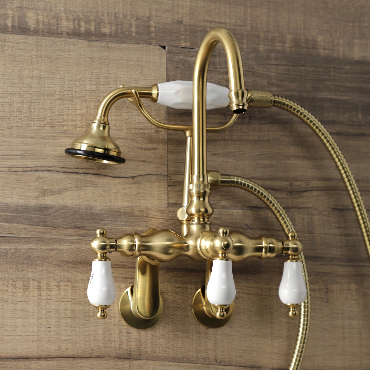 Vintage Style 3-Handle Wall Mount Clawfoot Tub Faucet with Hand Shower in Brushed Brass - Perfect for Bathroom Renovation and Antique Tub Restoration Projects