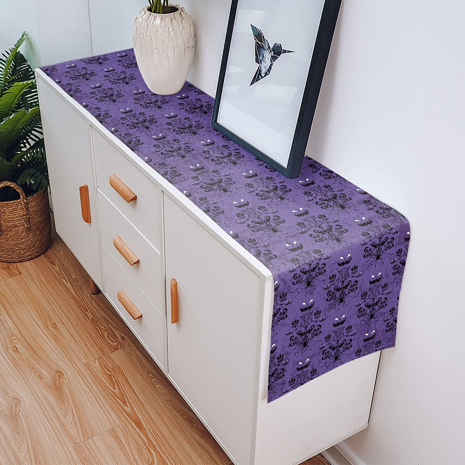 Haunted Mansion Halloween Table Runner - 13x70 Inch Spooky Ghost & Grimace Design Purple Black Decorative Tablecloth for Halloween Party Decor | Perfect for Dining Table Centerpiece, Buffet Decorations & Themed Events