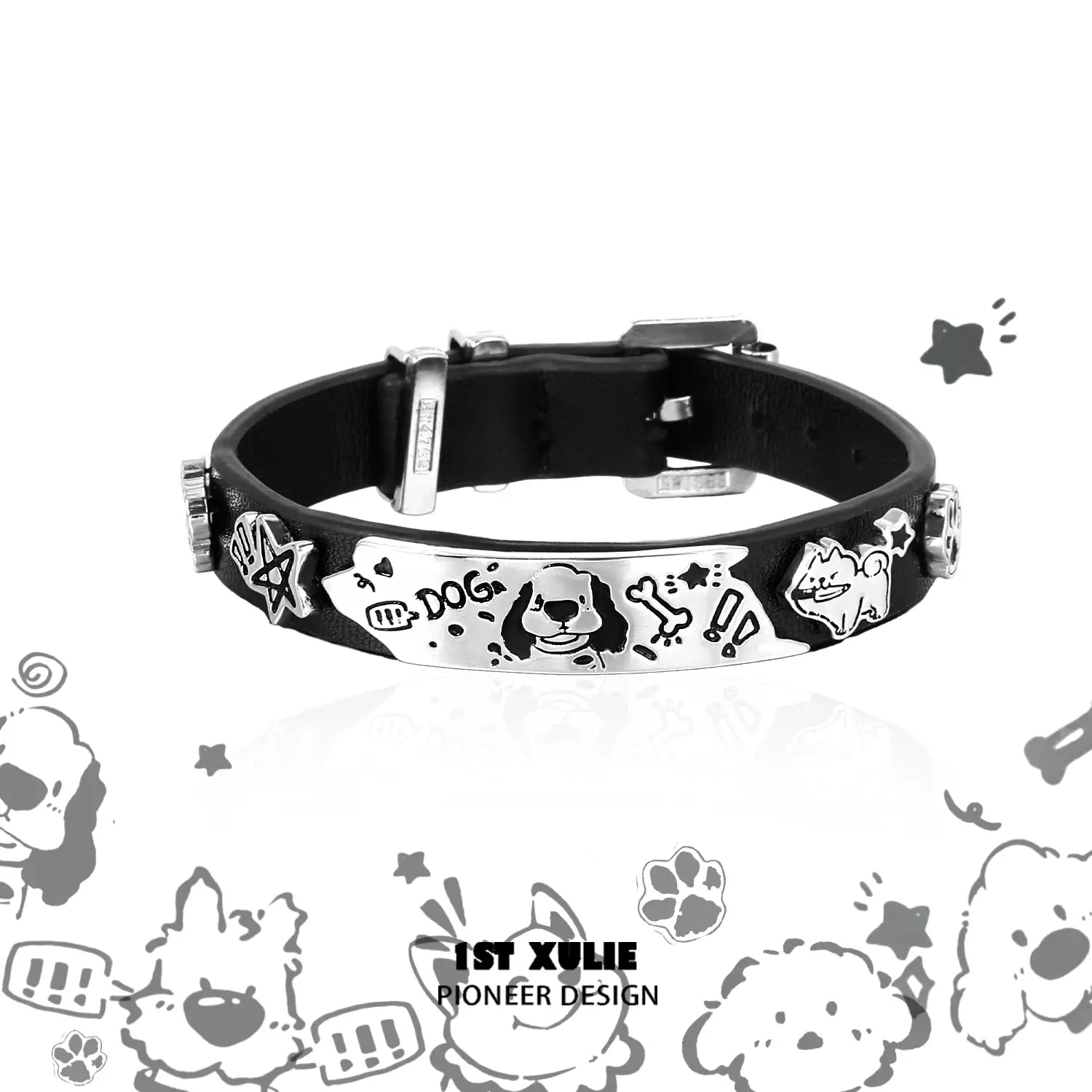 18K Platinum Plated Graffiti Puppy Leather Bracelet for Women & Men - Trendy Punk Rock Jewelry Gift for Birthday, Anniversary & Valentines Day - Perfect for Concerts, Parties & Streetwear Fashion