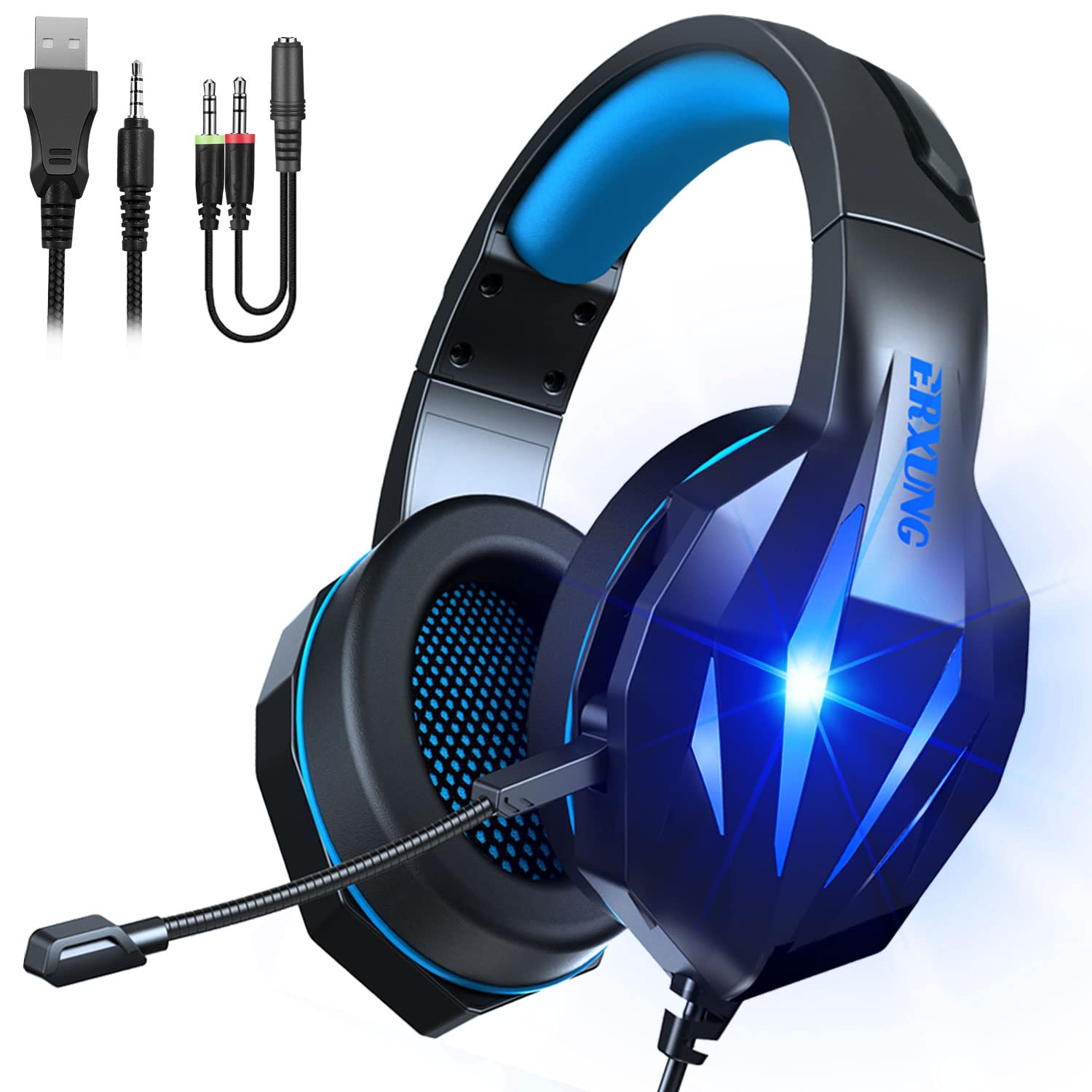 ERXUNG Gaming Headset with Mic - Stereo Surround Sound Over-Ear Headphones for PS5, PC, Mac, Nintendo Switch - Noise Cancelling, LED Lights, Bass Boost & Memory Foam Earmuffs - Perfect for Online Gaming, Streaming & Video Calls (Blue)