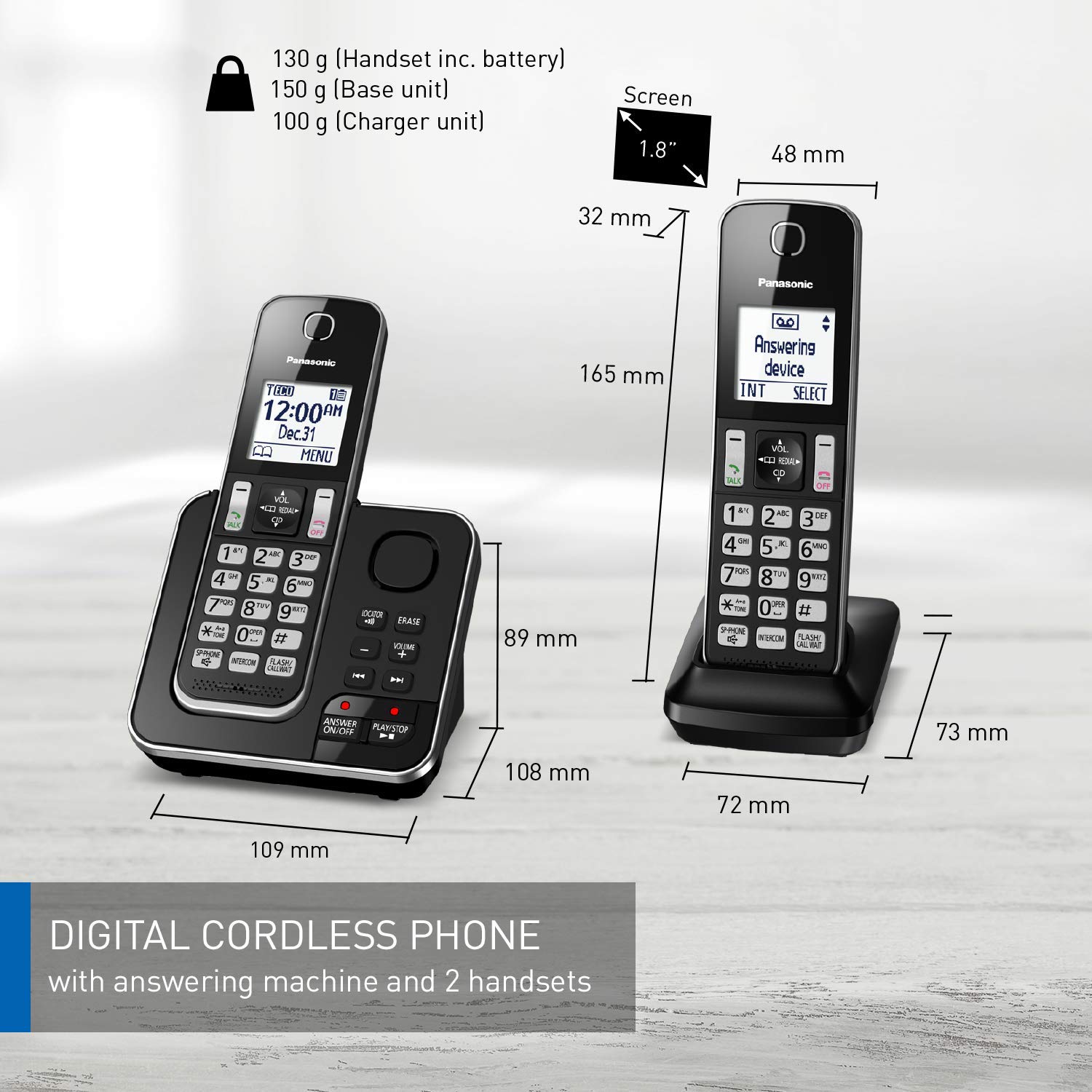 Panasonic KX-TGD392CB DECT 6.0 Expandable Cordless Phone System with Answering Machine, Call Blocking & 2 Handsets - Black - Ideal for Home Office, Business & Elderly Users