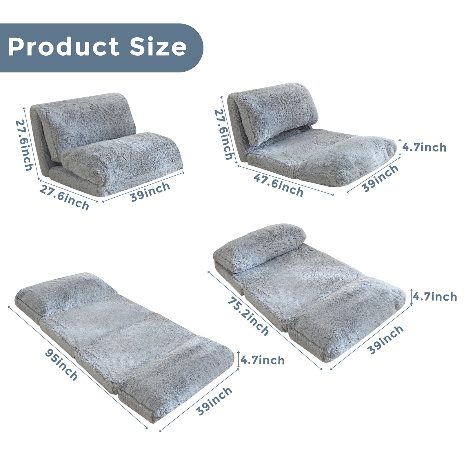 MAXYOYO Folding Floor Sofa Bed - Grey Faux Fur Bean Bag Chair with Foam Filling, Convertible Sleeper for Living Room, Bedroom & Dorm | Comfortable Lounge Seating for Relaxing, Reading & Napping