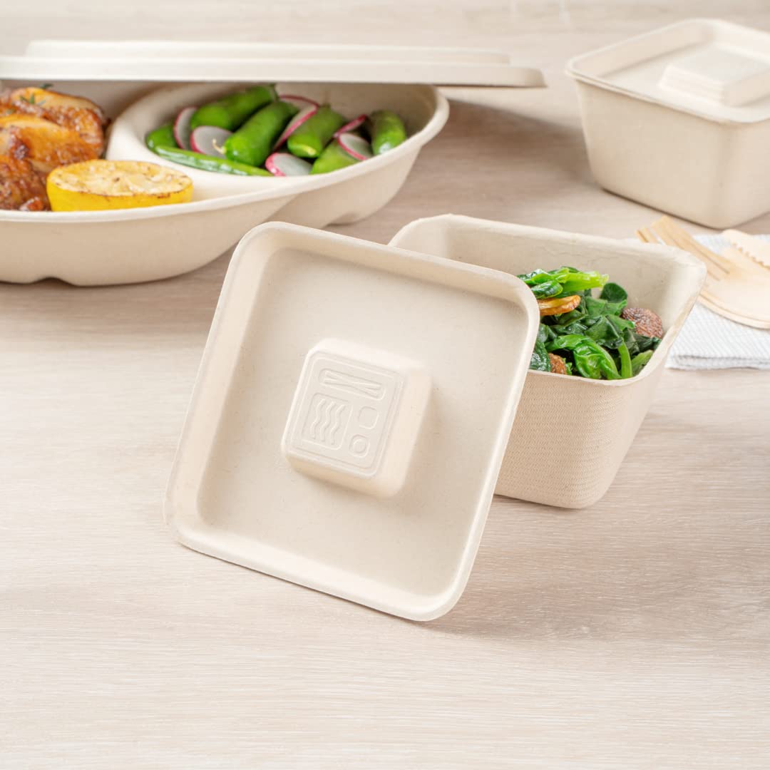 Eco-Friendly 9-OZ Bagasse Bowl Lids - 100 Count Square Disposable Pulp Tek Lids for Sugarcane Fiber Bowls | Biodegradable & Compostable | Perfect for Restaurants, Catering & Takeout Meals