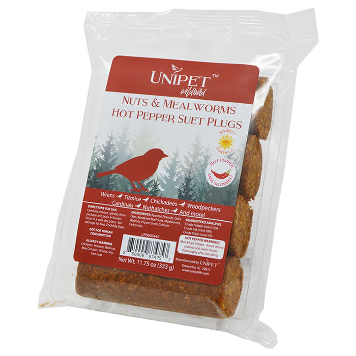 Hot Pepper No Melt Suet Plugs for Birds - Pack of 12, High Energy Nuts & Mealworms Bird Food - Attracts Woodpeckers, Bluebirds & More - Perfect for Backyard Bird Feeding in Winter & Cold Weather