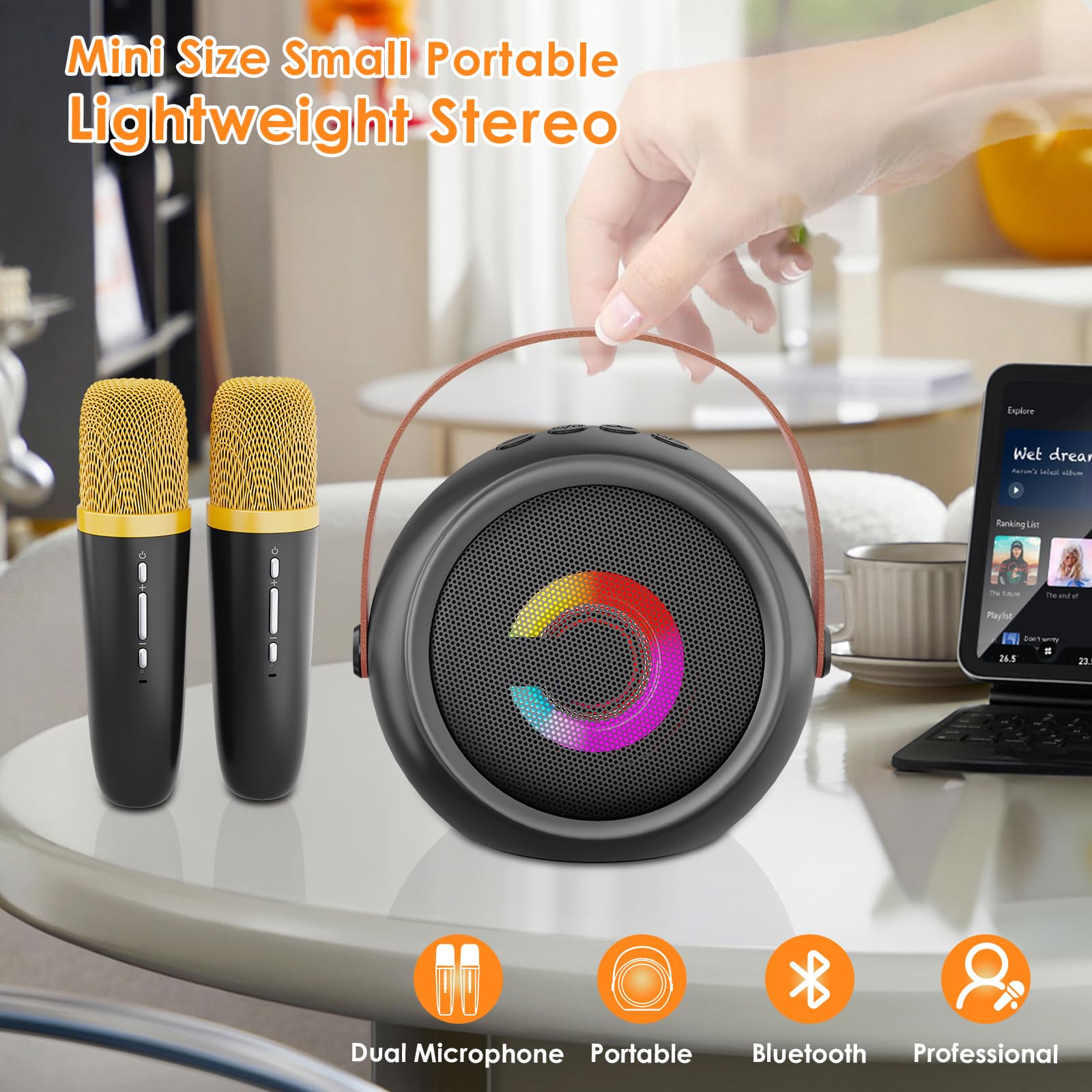 Mini Karaoke Machine for Kids - LED Wireless Portable Karaoke System with 2 Microphones | Magic Voice Technology | Perfect Christmas & Birthday Gift | Home Party, Travel Entertainment, Singing Practice (Black)