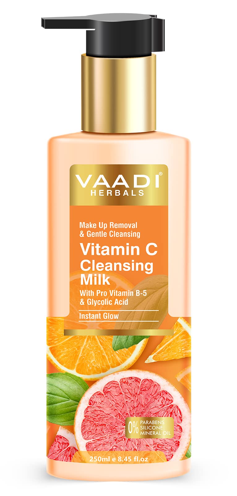 Vaadi Herbals Vitamin C Cleansing Milk with Pro Vitamin B5 & Glycolic Acid - Hydrating Makeup Remover & Instant Facial Cleanser (250ml) for Glowing Skin | Perfect for Daily Skincare Routine & Post-Makeup Cleansing