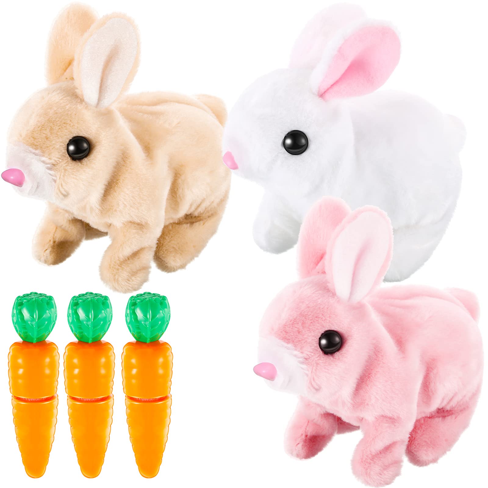 Honoson 3-Piece Interactive Hopping Bunny Toy Set - Electronic Walking & Sound-Making Plush Rabbits with Carrot - Cute Robotic Educational Stuffed Animal Gift for Kids (Ideal for Easter Gifts, Birthday Presents & Early Learning Playtime)