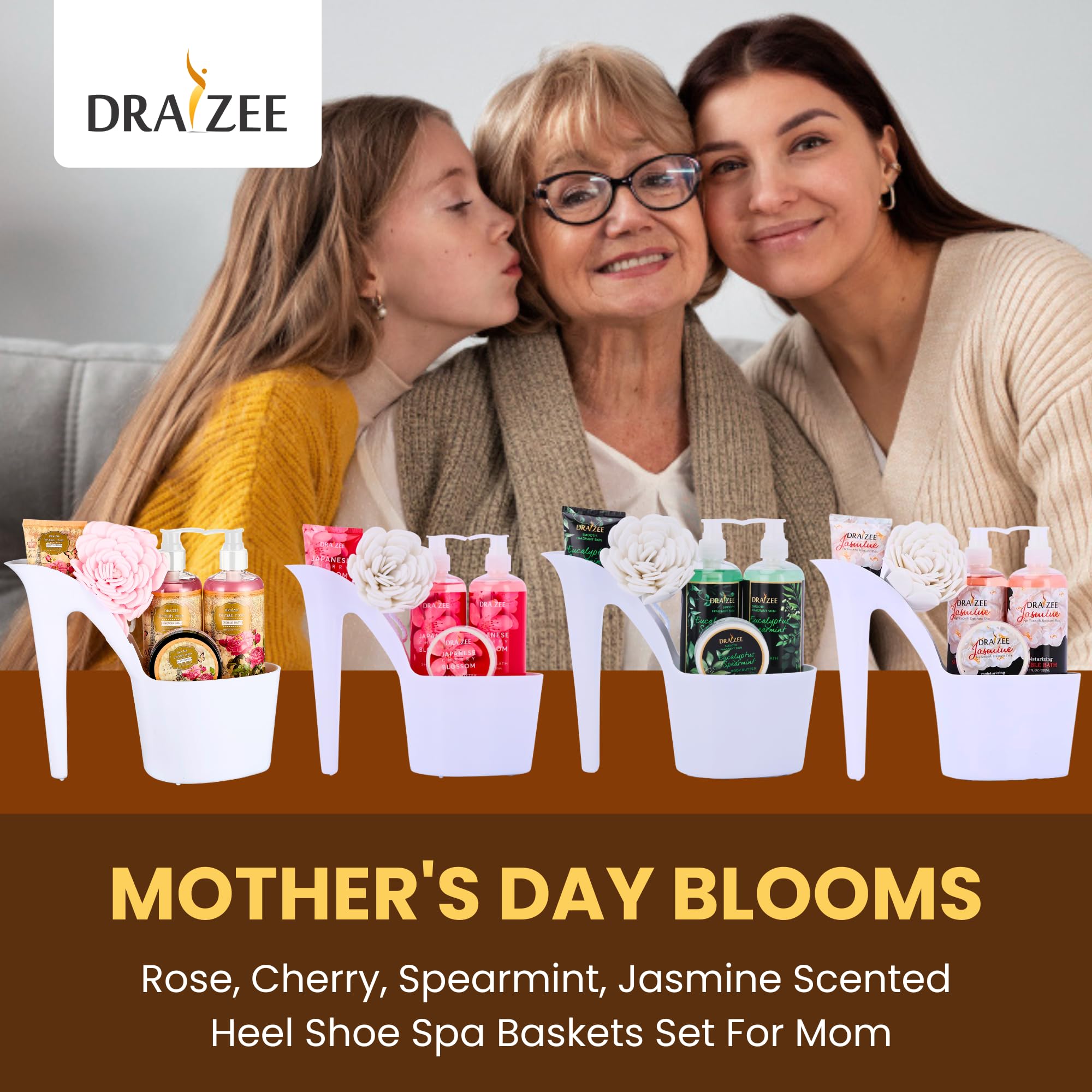 Luxury Spa Gift Set for Women - 4-Piece Bath & Body Basket with Rose, Cherry, Spearmint & Jasmine Scents | Includes Shower Gel, Bubble Bath, Loofah Puff, Body Butter & Lotion | Perfect Birthday, Mother's Day & Christmas Present | Relaxing Self-Care & Pampering Gift Idea
