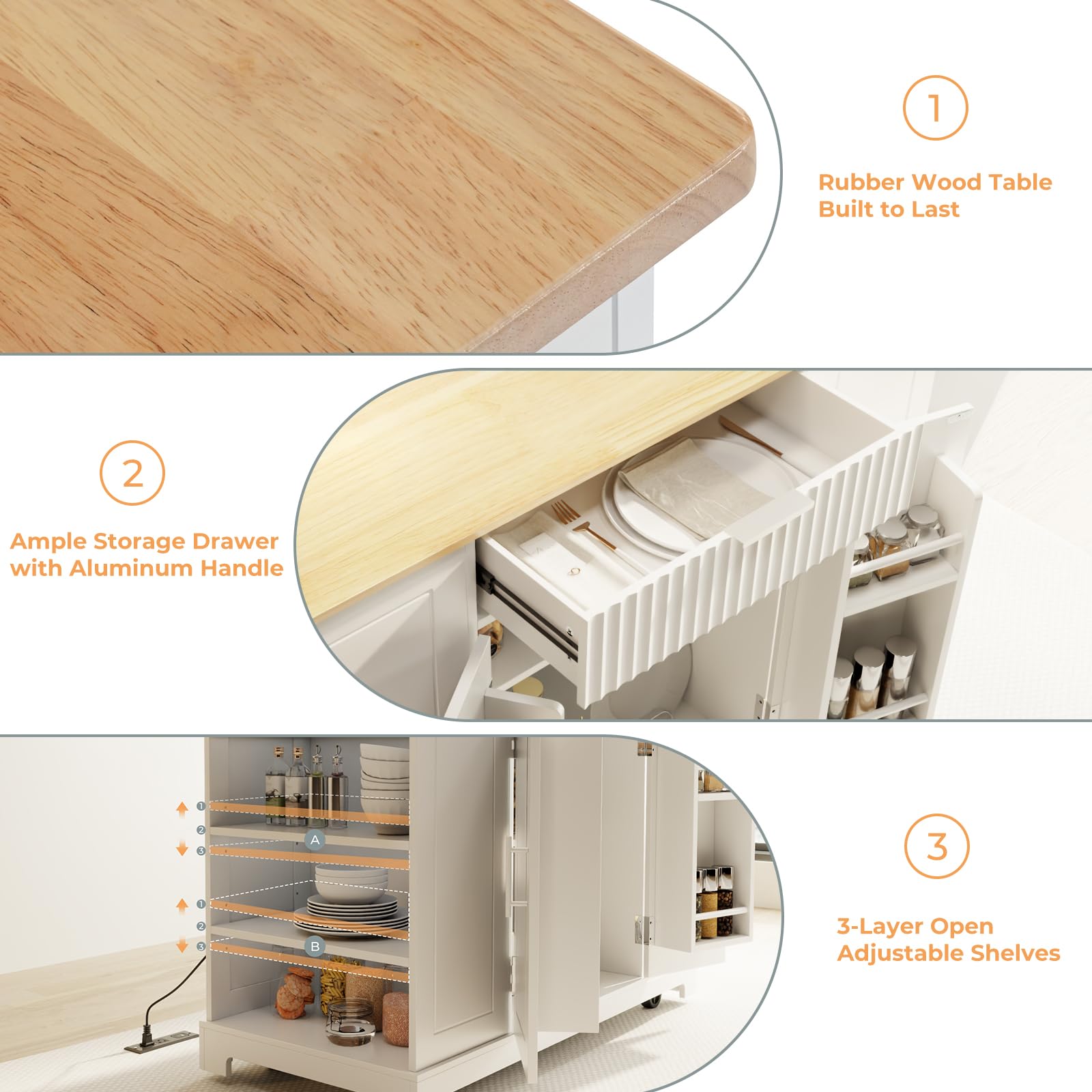 Rovibek White Mobile Kitchen Island Cart with Storage, 3 Drawers & Power Outlet - Rolling Kitchen Organizer with 10-Gallon Trash Can Storage - Perfect for Small Kitchens, Apartments & Outdoor Cooking