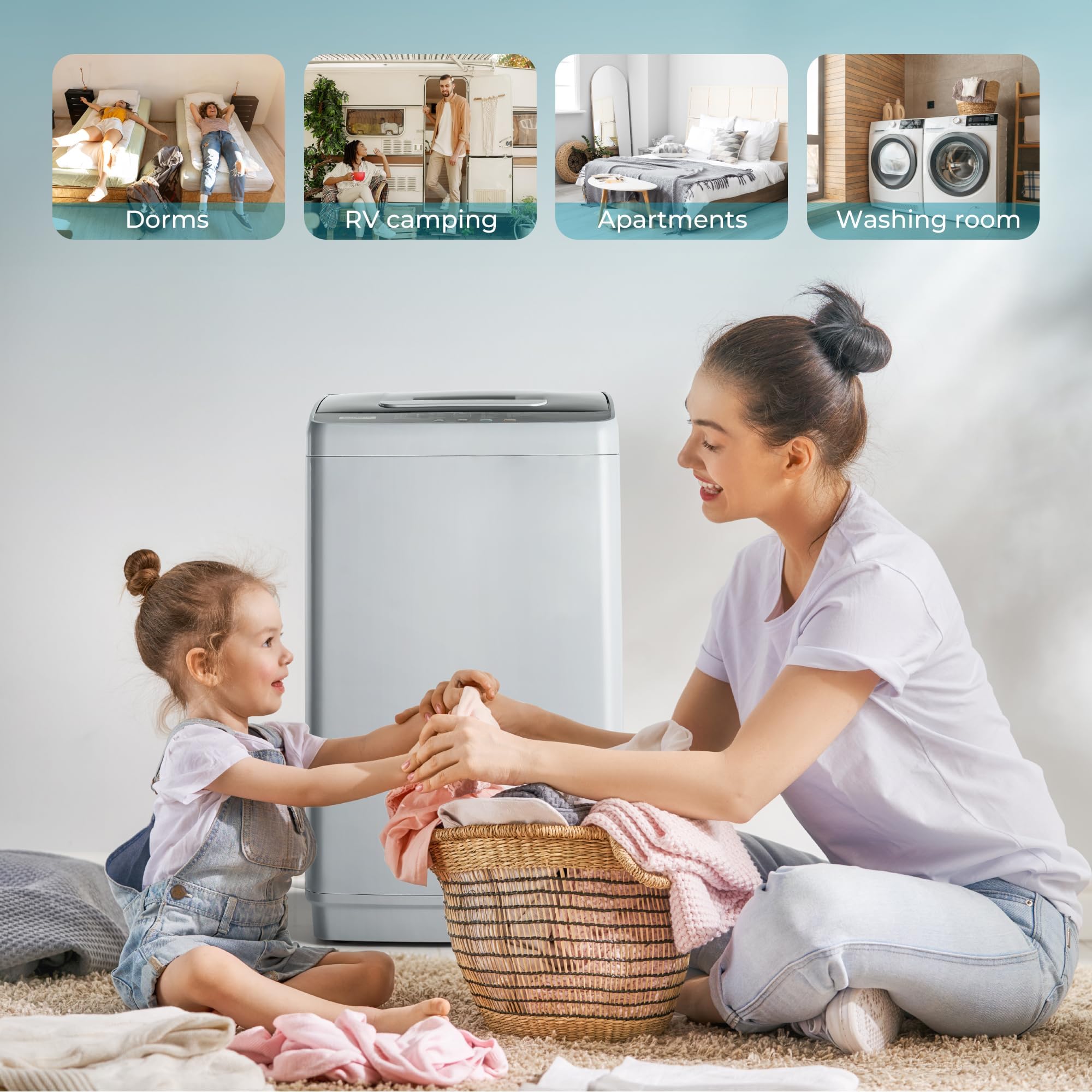 Euhomy 1.03 cu.ft Portable Washing Machine - 8.8LBS Capacity Compact Washer with 10 Programs & 5 Water Levels, Drain Pump, LED Display - Perfect for Apartments, RVs, Tiny Homes & Laundry Rooms - Light Gray Portable Washer for Small Spaces & Travel